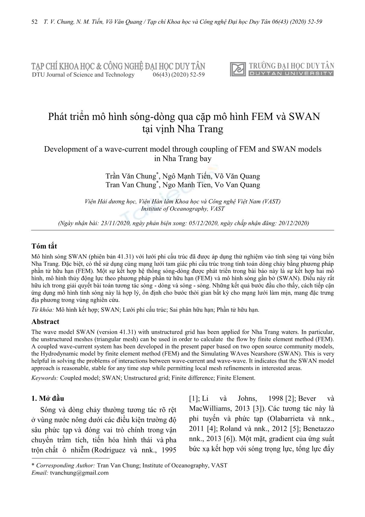Phát triển mô hình sóng-dòng qua cặp mô hình FEM và SWAN tại vịnh Nha Trang trang 1