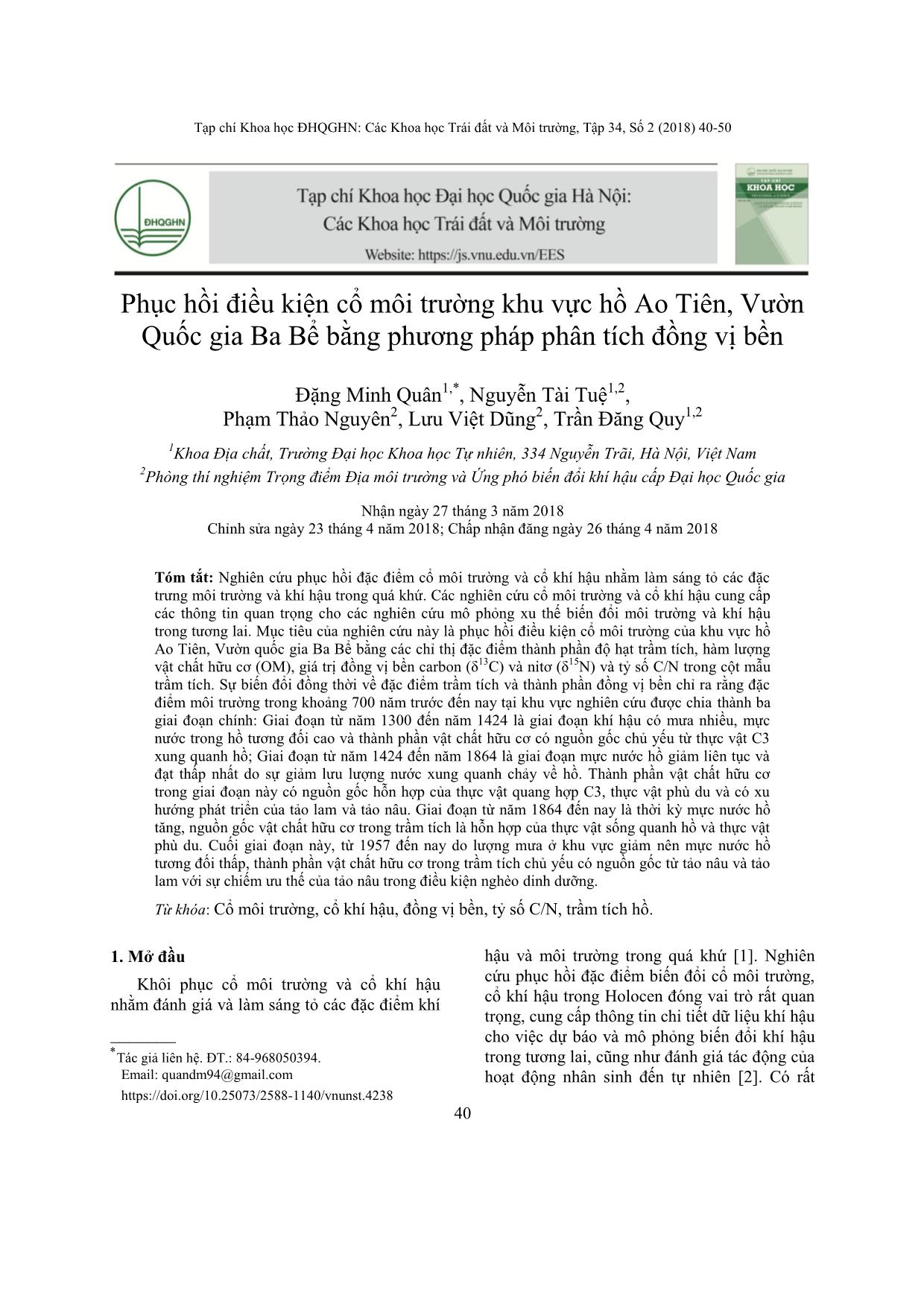 Phục hồi điều kiện cổ môi trường khu vực hồ Ao Tiên, Vườn Quốc gia Ba Bể bằng phương pháp phân tích đồng vị bền trang 1