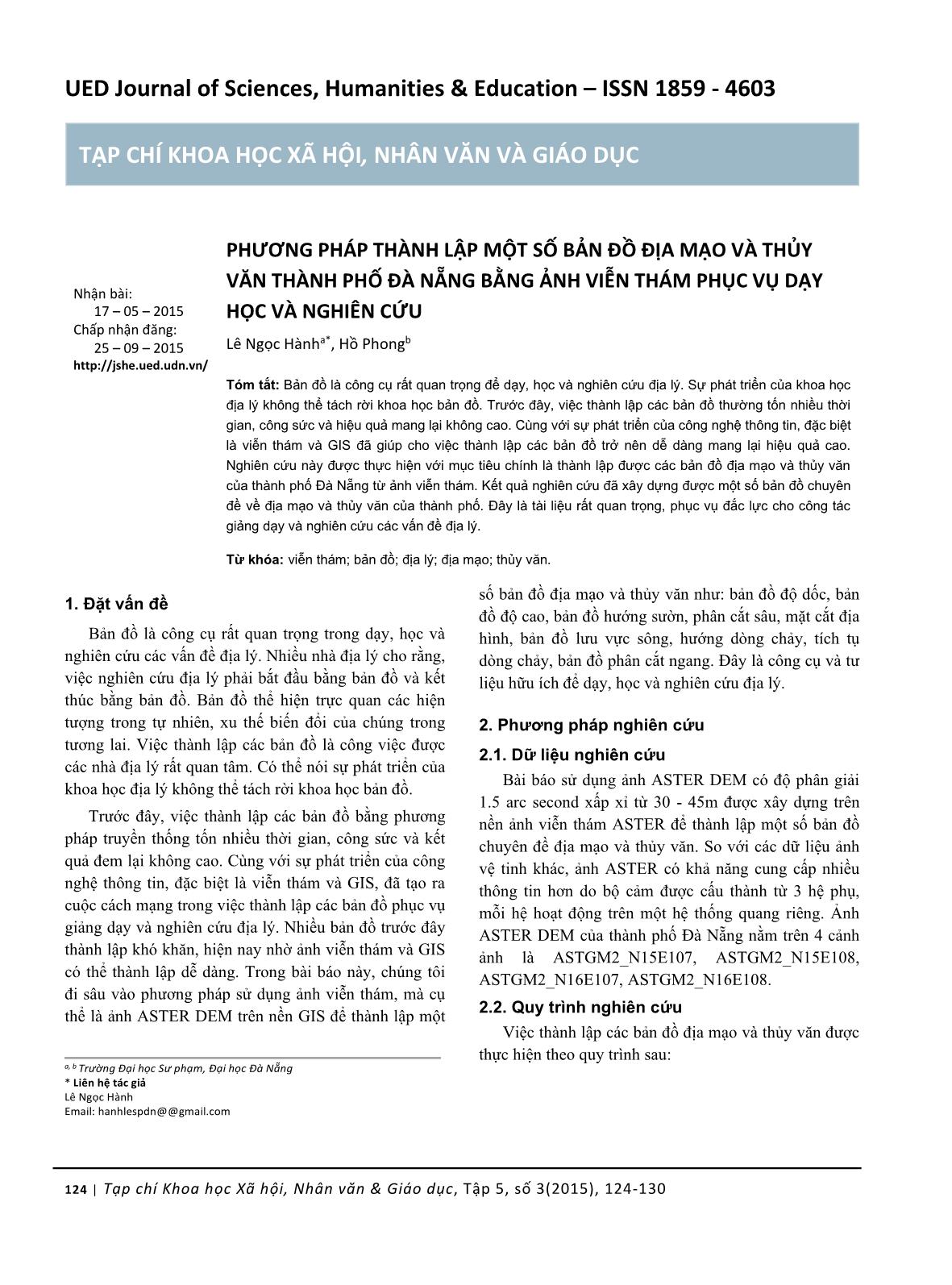 Phương pháp thành lập một số bản đồ địa mạo và thủy văn thành phố Đà Nẵng bằng ảnh viễn thám phục vụ dạy học và nghiên cứu trang 1