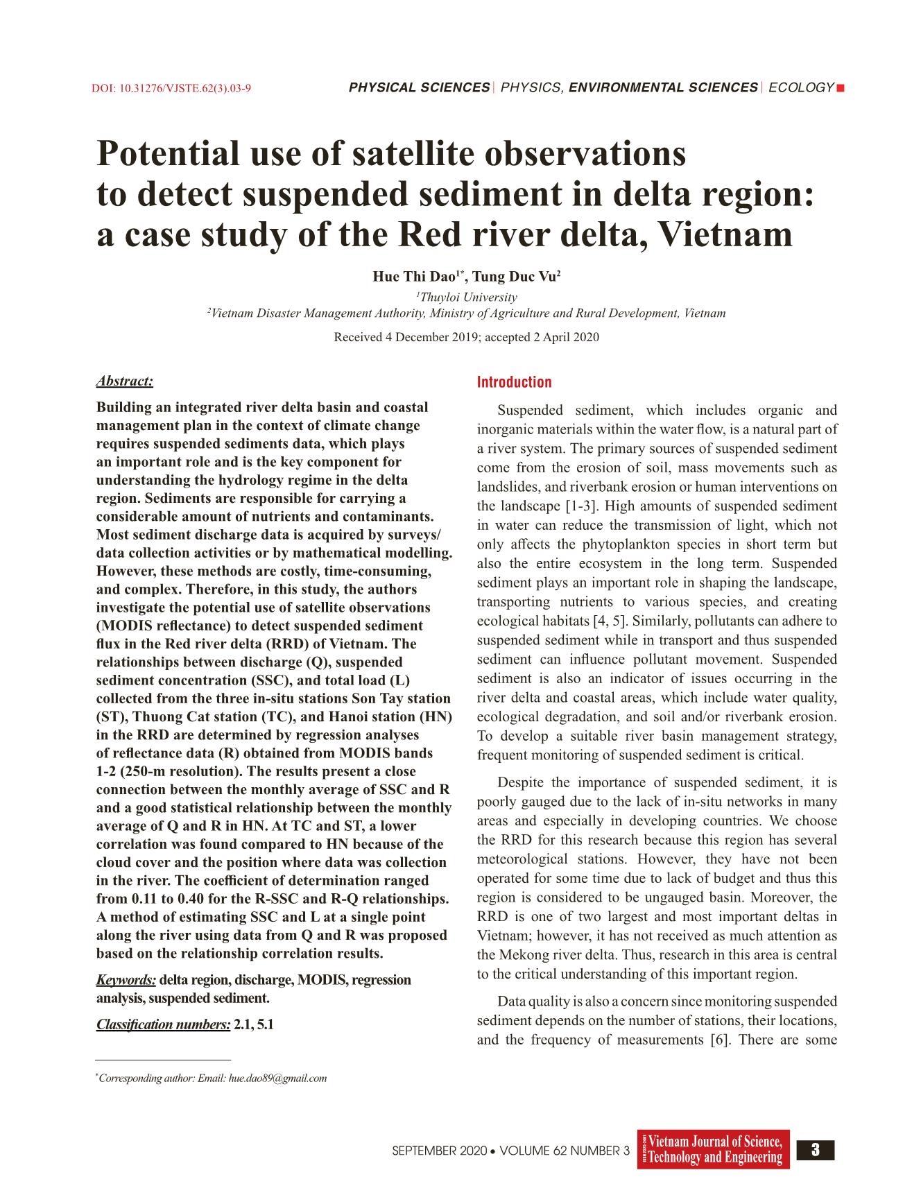 Potential use of satellite observations to detect suspended sediment in delta region: a case study of the Red river delta, Vietnam trang 1