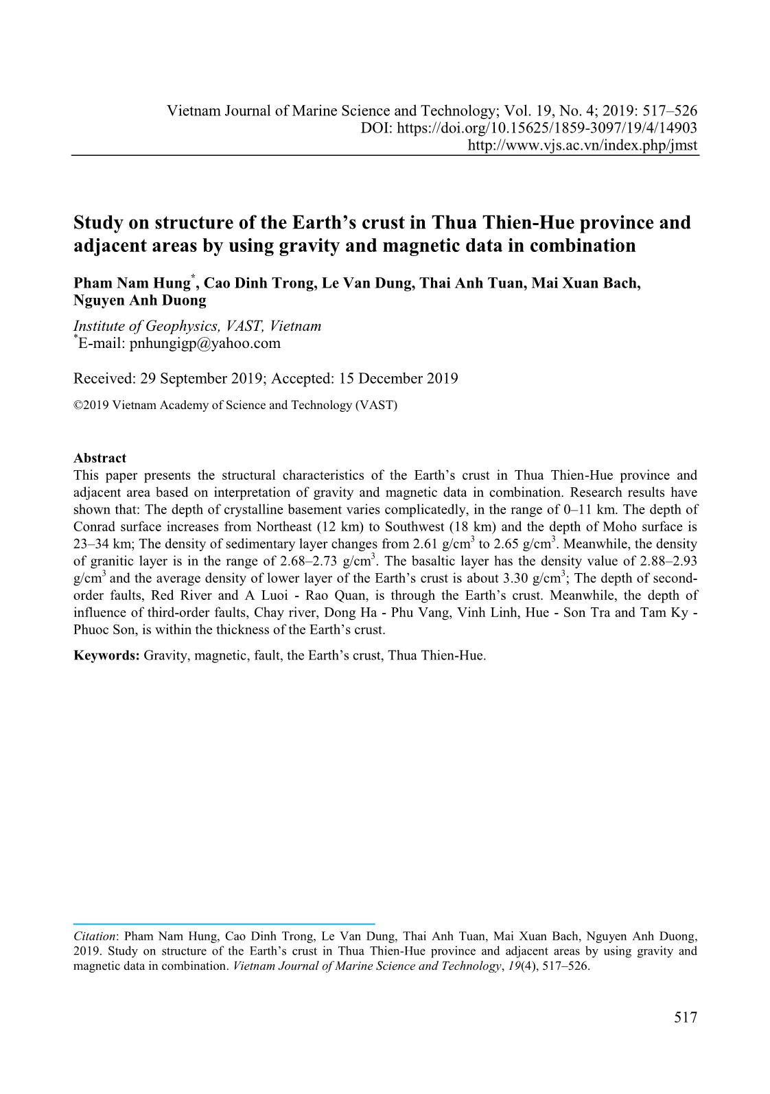Study on structure of the Earth’s crust in Thua Thien-Hue province and adjacent areas by using gravity and magnetic data in combination trang 1