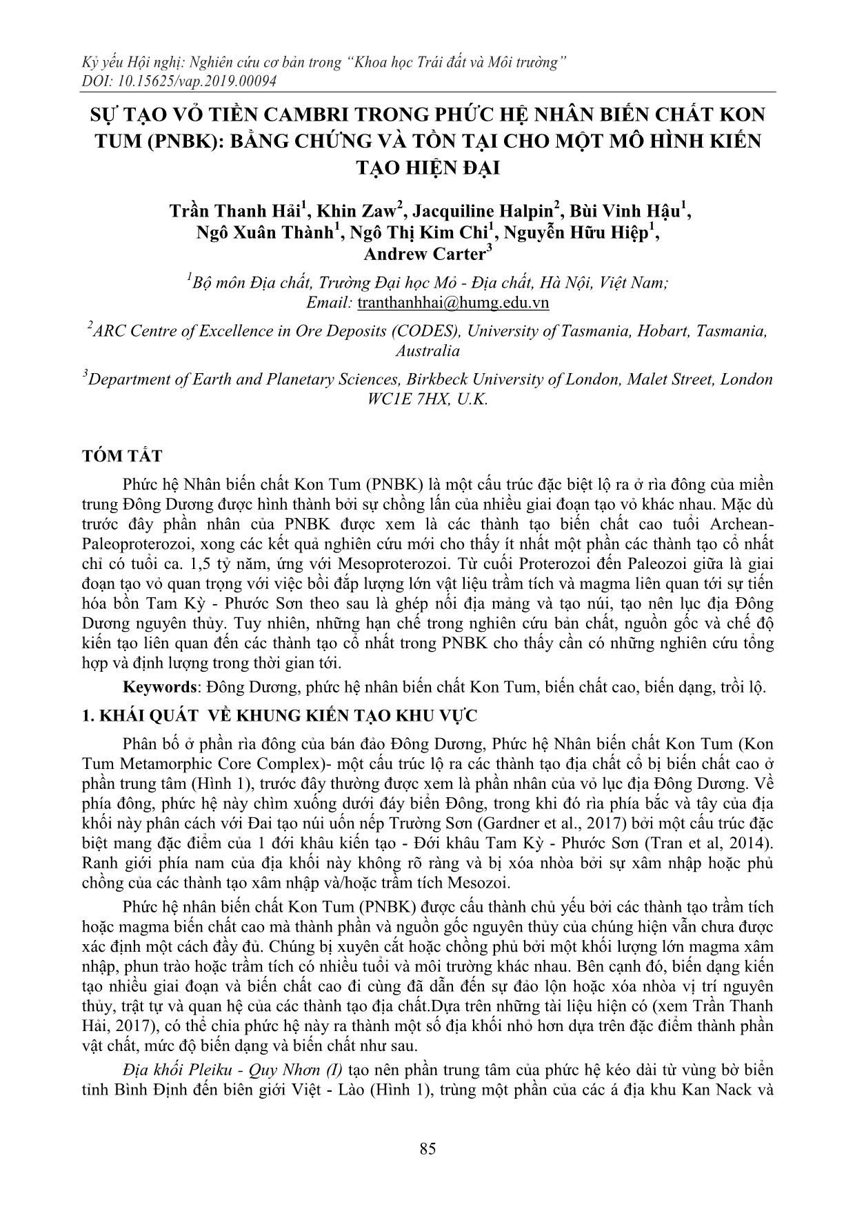 Sự tạo vỏ tiền Cambri trong phức hệ nhân biến chất Kon Tum (PNBK): bằng chứng và tồn tại cho một mô hình kiến tạo hiện đại trang 1