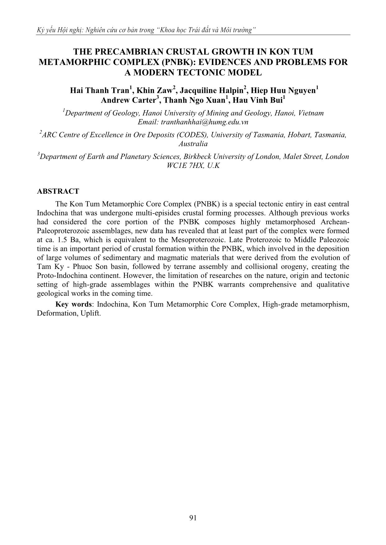 Sự tạo vỏ tiền Cambri trong phức hệ nhân biến chất Kon Tum (PNBK): bằng chứng và tồn tại cho một mô hình kiến tạo hiện đại trang 7