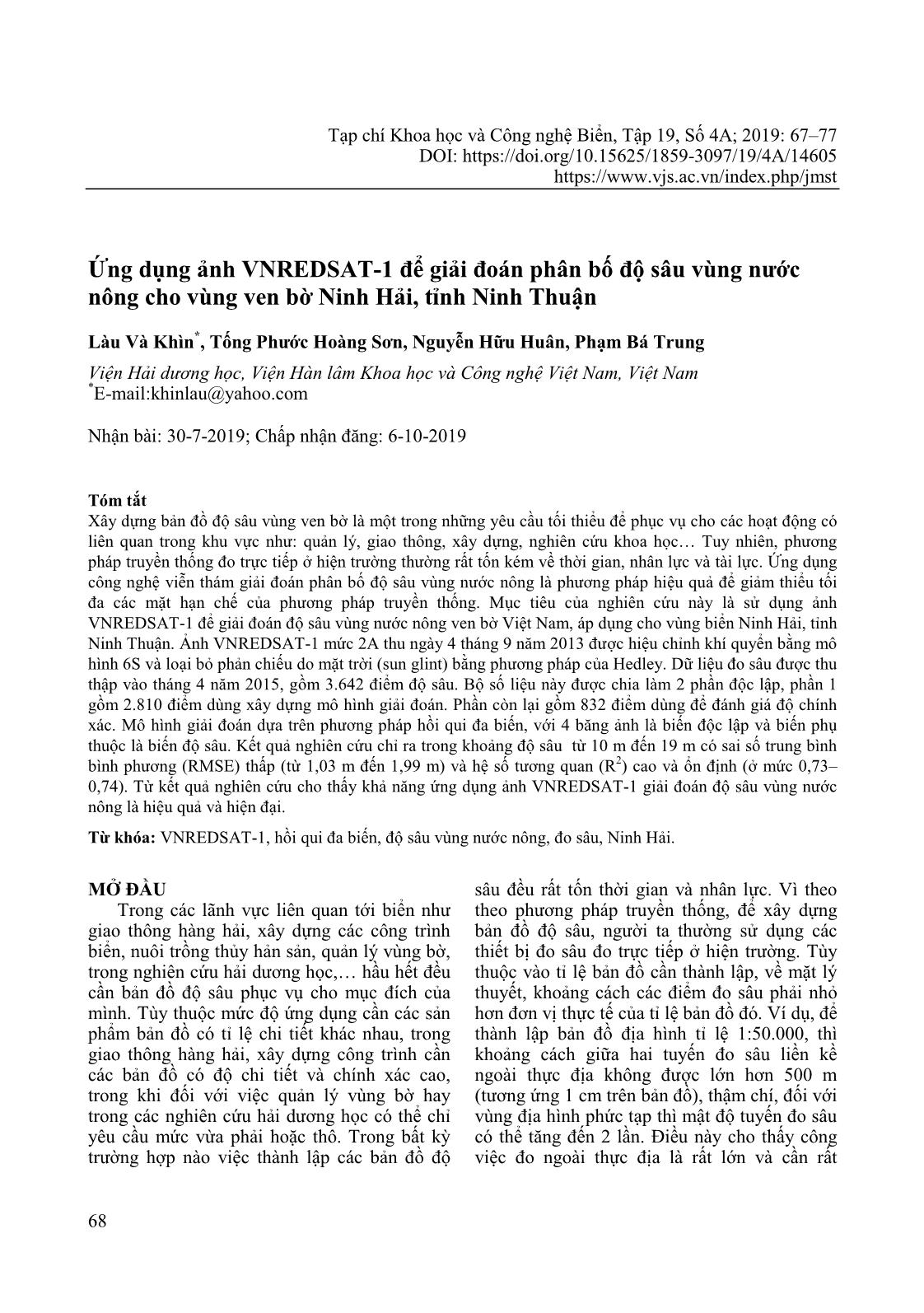 Bathymetry mapping using VNREDSAT-1 image: A case study in Ninh Hai coast, Ninh Thuan province of Vietnam trang 2