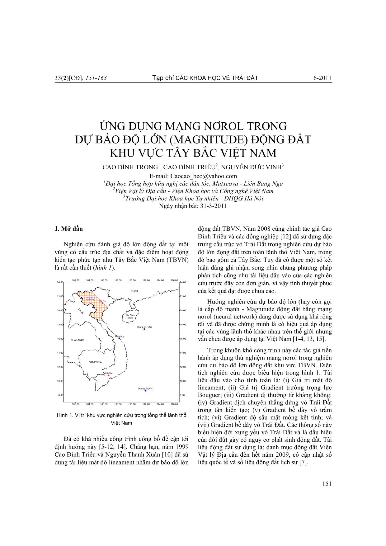 Ứng dụng mạng nơrol trong dự báo độ lớn (Magnitude) động đất khu vực Tây Bắc Việt Nam trang 1