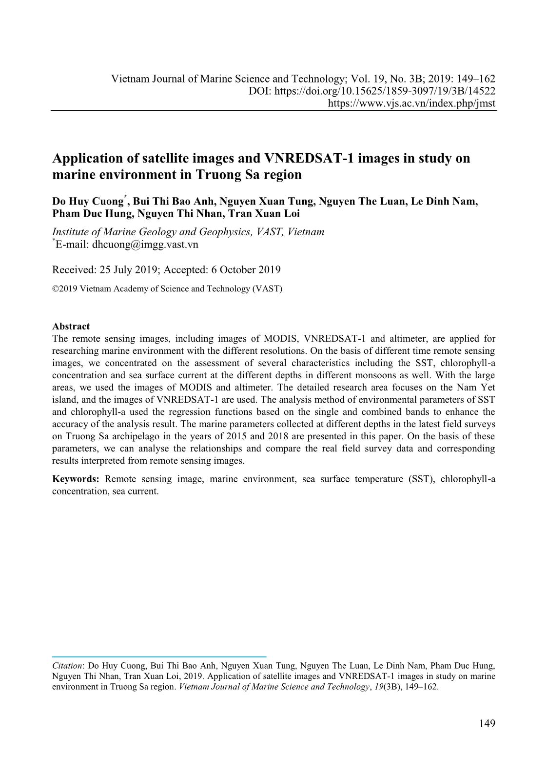Ứng dụng tư liệu ảnh vệ tinh và ảnh VNREDSAT-1 trong nghiên cứu môi trường biển khu vực Trường Sa trang 1