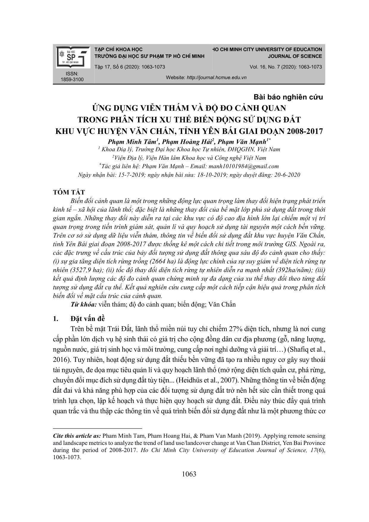 Ứng dụng viễn thám và độ đo cảnh quan trong phân tích xu thế biến động sử dụng đất khu vực huyện Văn Chấn, tỉnh Yên Bái giai đoạn 2008-2017 trang 1