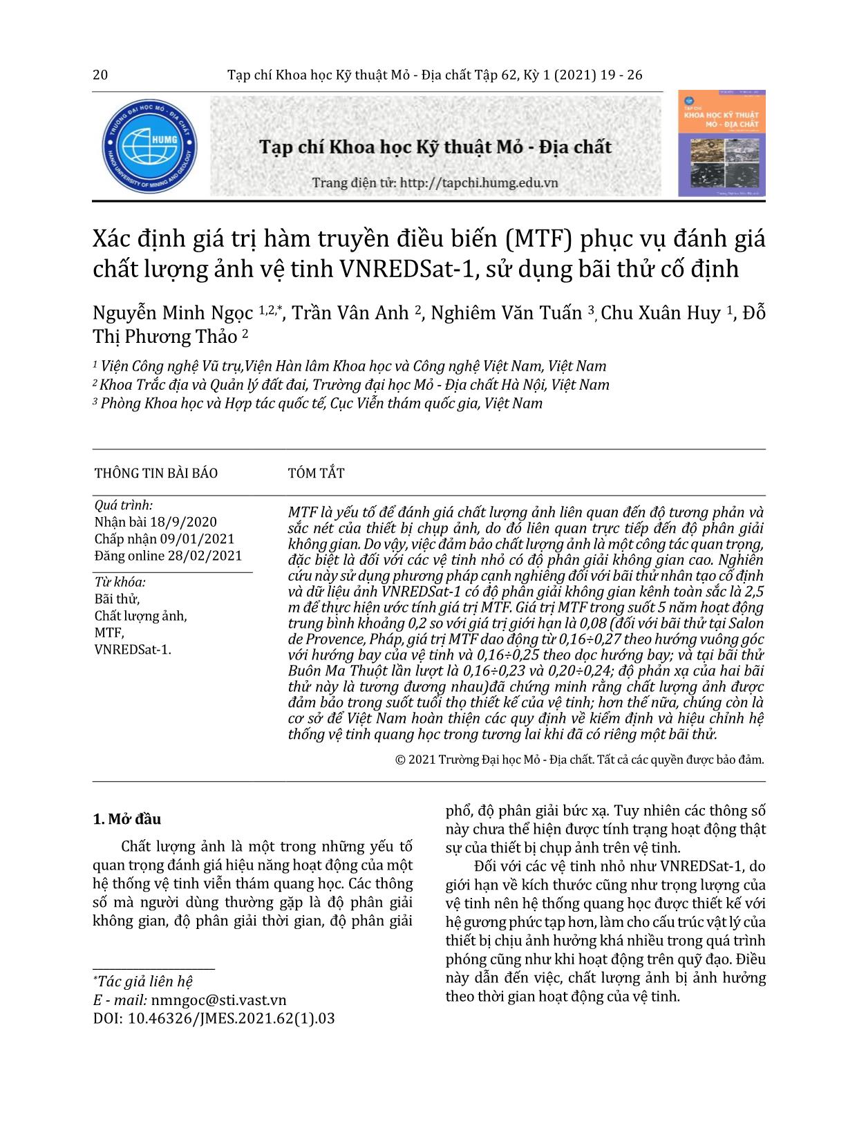 Xác định giá trị hàm truyền điều biến (MTF) phục vụ đánh giá chất lượng ảnh vệ tinh VNREDSat-1, sử dụng bãi thử cố định trang 2