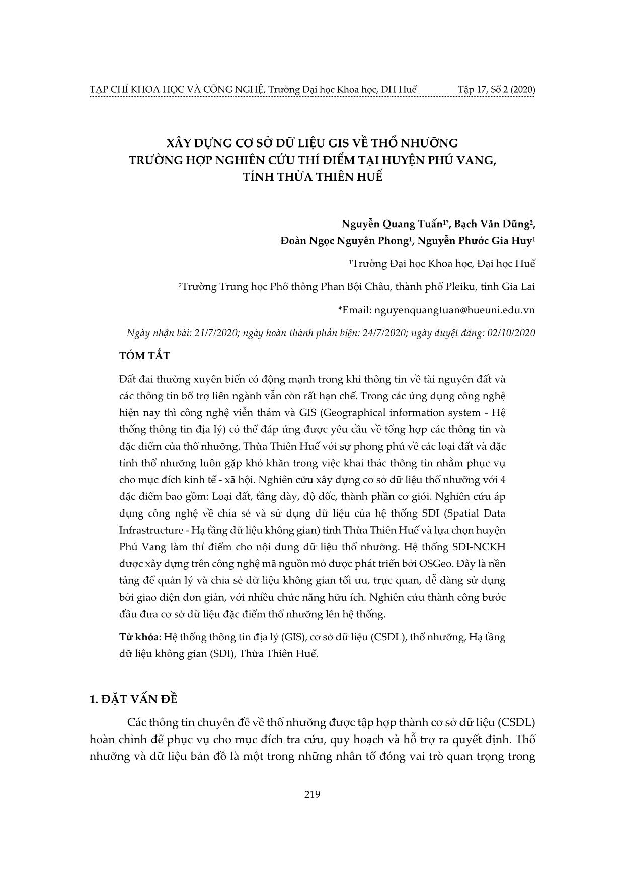 Xây dựng cơ sở dữ liệu GIS về thổ nhưỡng trường hợp nghiên cứu thí điểm tại huyện Phú Vang, tỉnh Thừa Thiên Huế trang 1