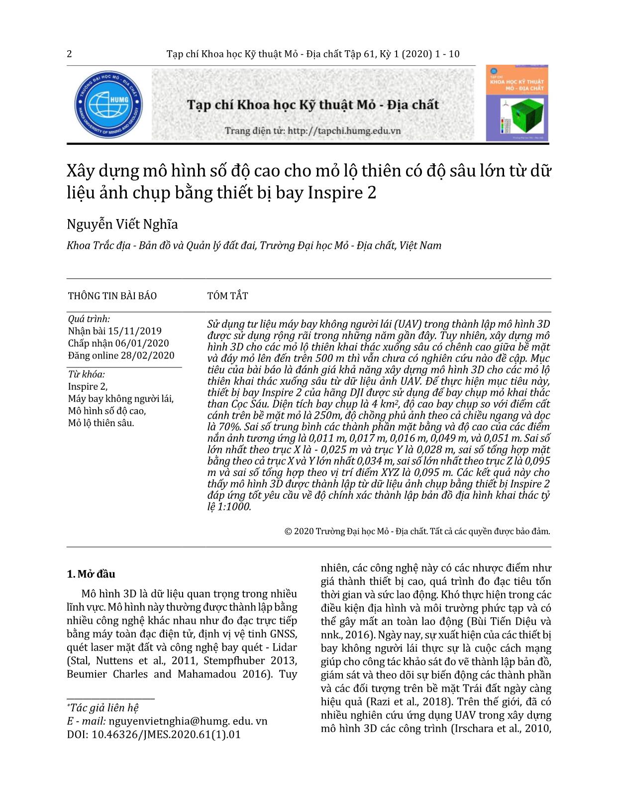 Xây dựng mô hình số độ cao cho mỏ lộ thiên có độ sâu lớn từ dữ liệu ảnh chụp bằng thiết bị bay Inspire 2 trang 2