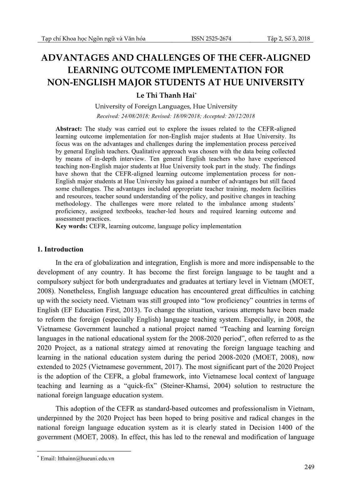 Advantages and challenges of the cefr - Aligned learning outcome implementation for non - English major students at hue university trang 1