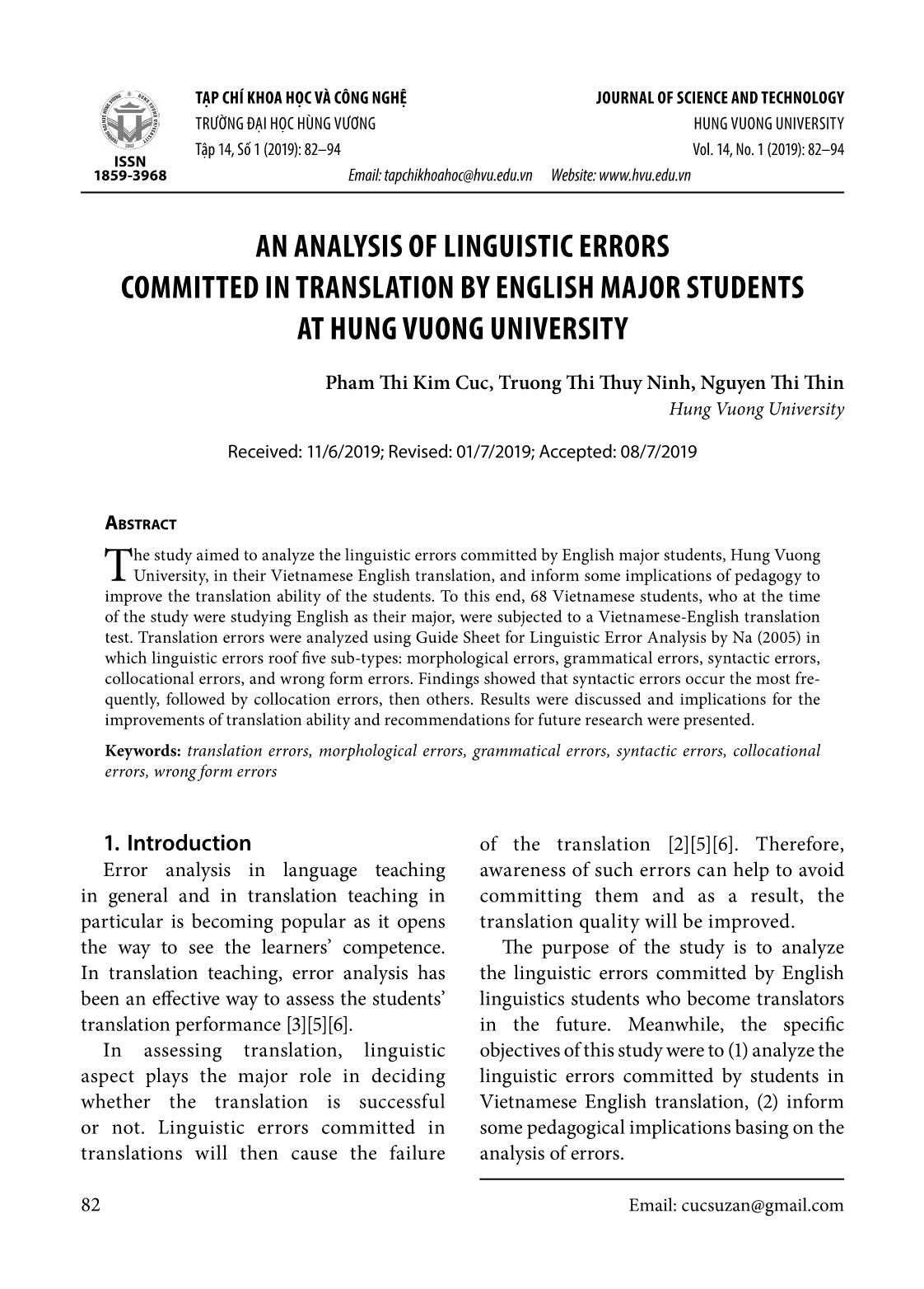 An analysis of linguistic errors committed in translation by English major students at hung vuong university trang 1
