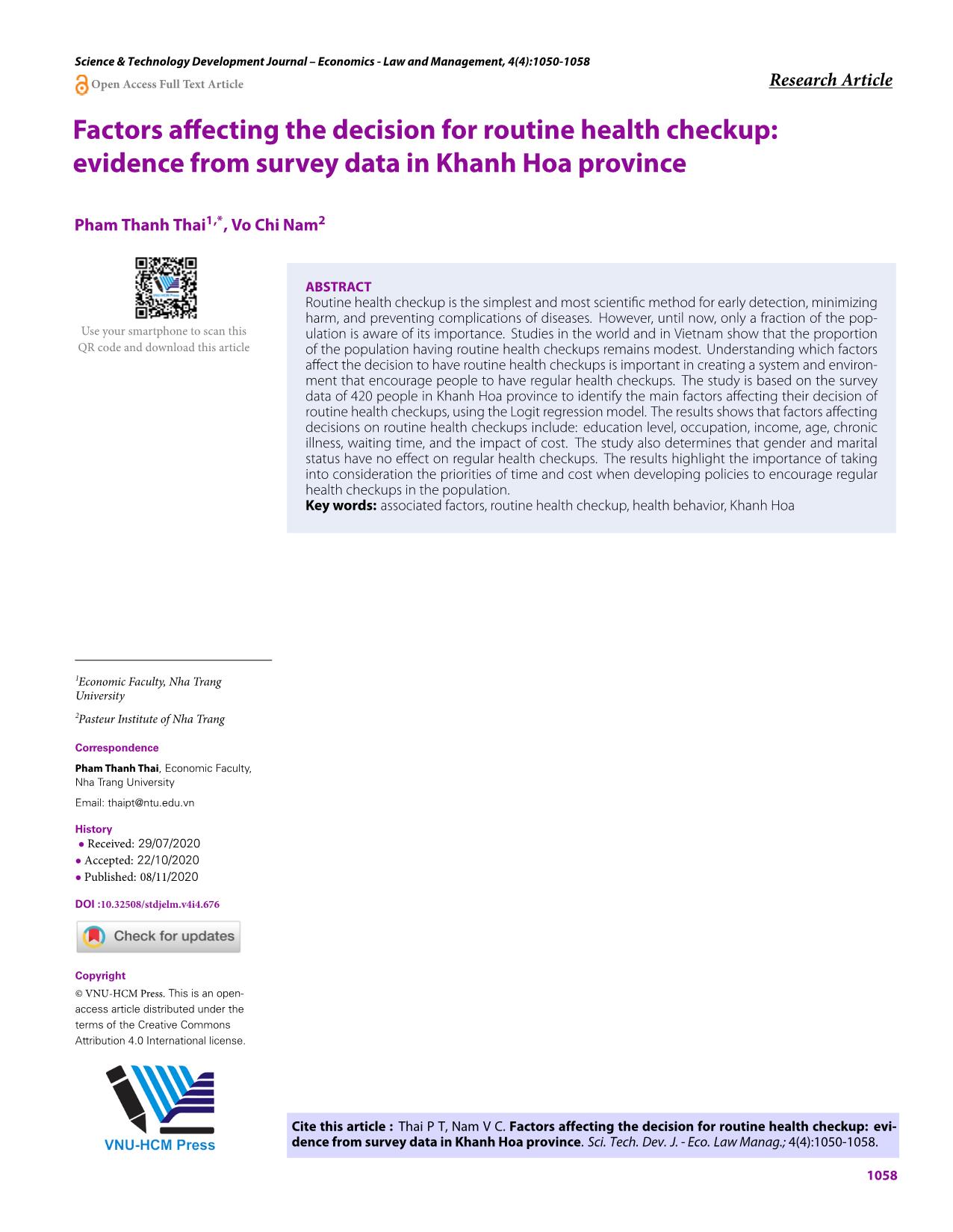 Các yếu tố ảnh hưởng đến quyết định kiểm tra sức khỏe định kỳ: bằng chứng từ dữ liệu khảo sát người dân tại tỉnh Khánh Hòa trang 9