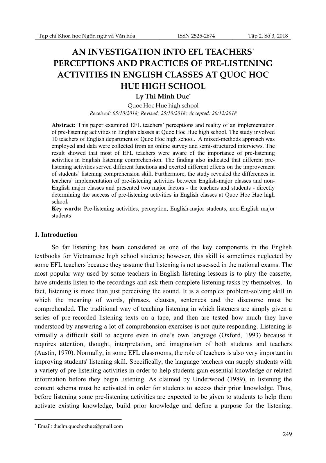 An investigation into efl teachers perceptions and practices of pre-Listening activities in english classes at Quoc Hoc Hue high school trang 1