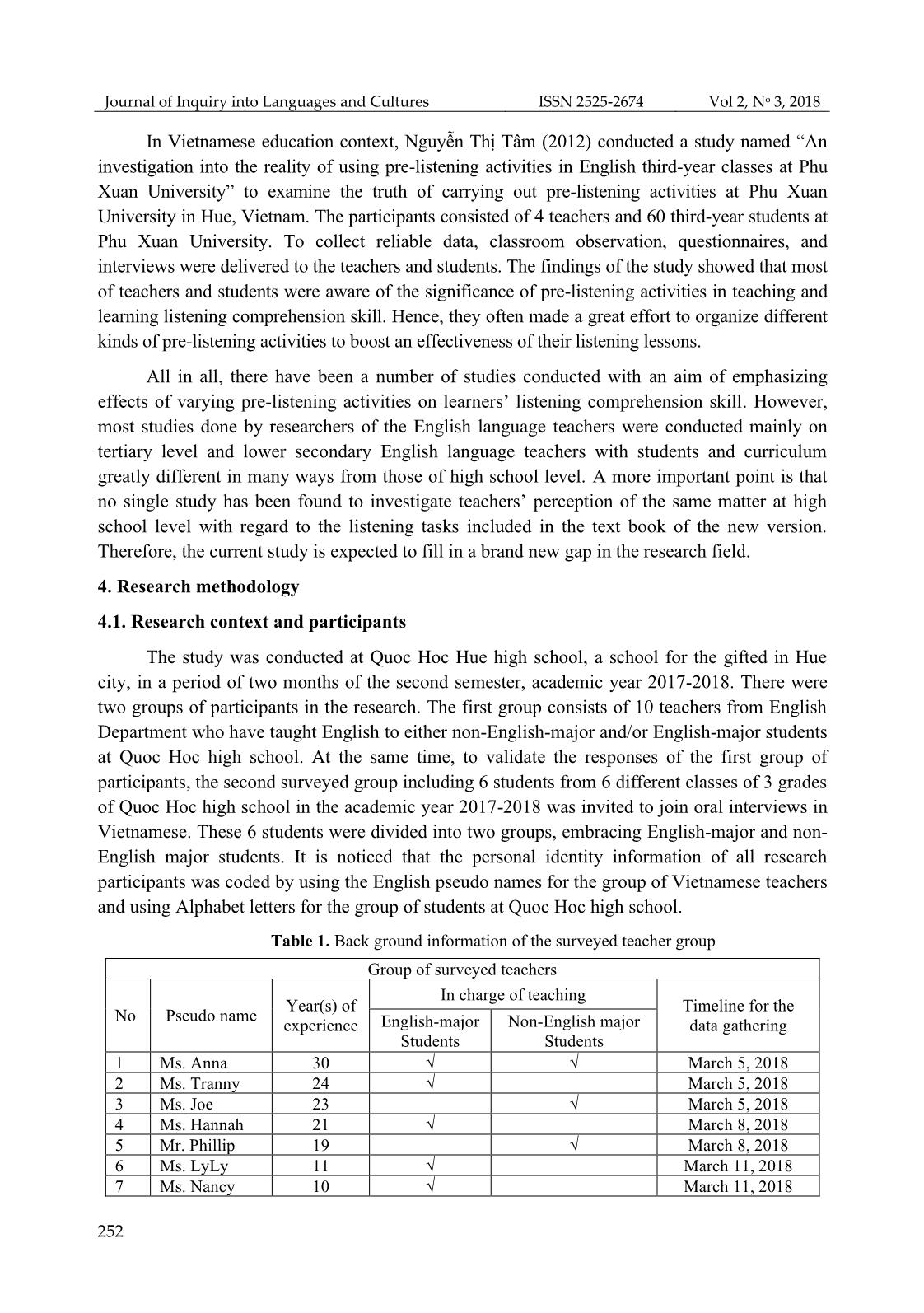 An investigation into efl teachers perceptions and practices of pre-Listening activities in english classes at Quoc Hoc Hue high school trang 4