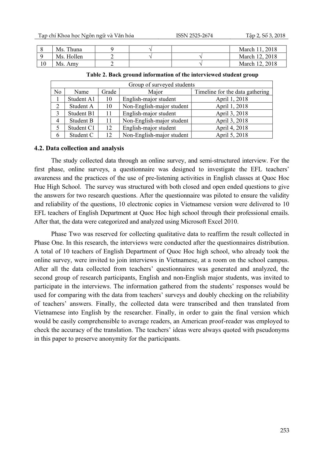 An investigation into efl teachers perceptions and practices of pre-Listening activities in english classes at Quoc Hoc Hue high school trang 5