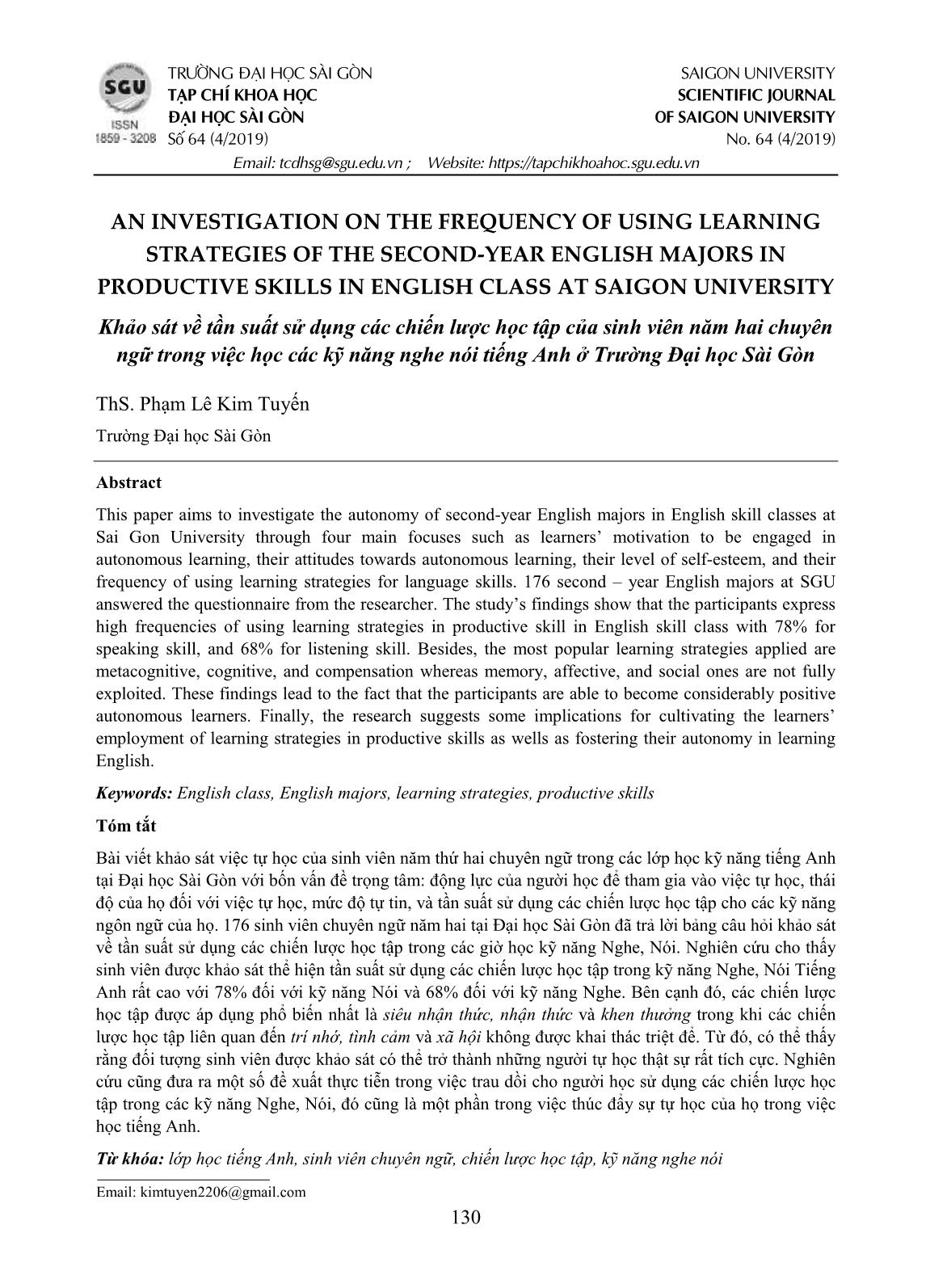 Khảo sát về tần suất sử dụng các chiến lược học tập của sinh viên năm hai chuyên ngữ trong việc học các kỹ năng nghe nói tiếng Anh ở Trường Đại học Sài Gòn trang 1