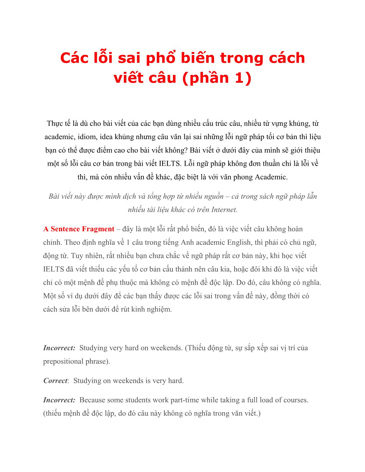 Các lỗi sai phổ biến trong cách viết câu (phần 1) trang 1