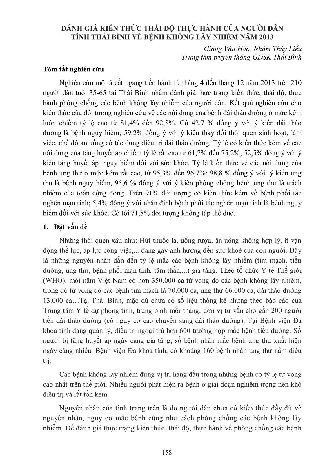 Đánh giá kiến thức thái độ thực hành của người dân tỉnh Thái Bình về bệnh không lây nhiễm năm 2013 trang 1