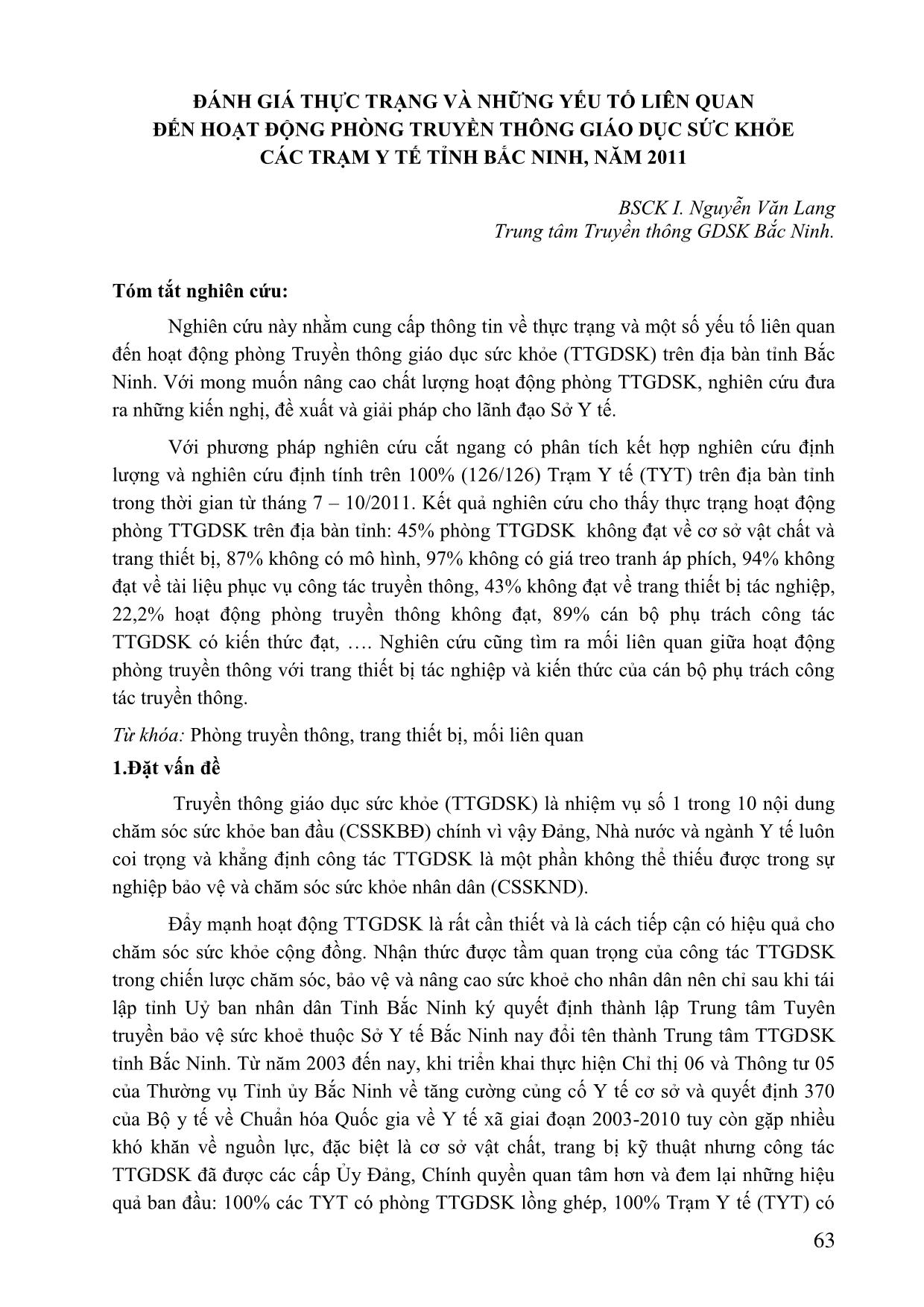 Đánh giá thực trạng và những yếu tố liên quan đến hoạt động phòng truyền thông giáo dục sức khỏe các trạm y tế tỉnh Bắc Ninh, năm 2011 trang 1