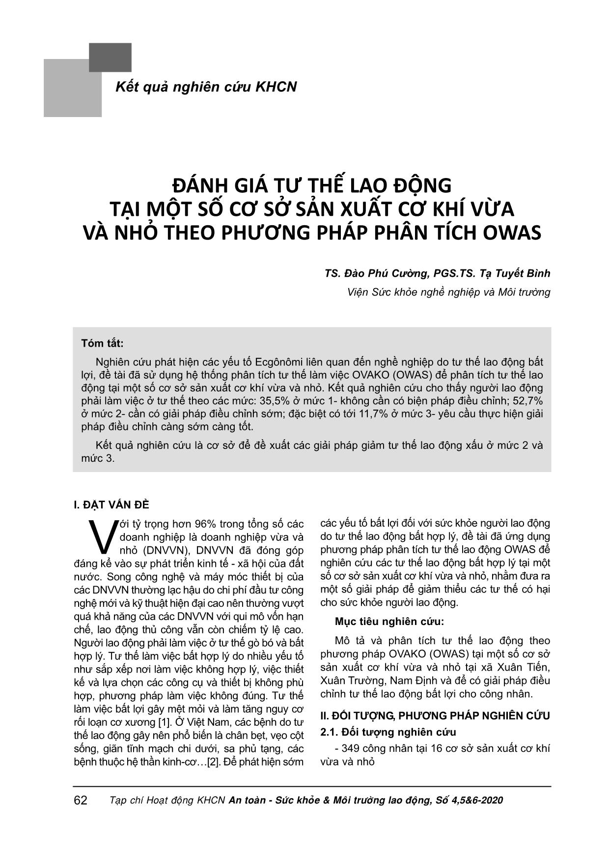 Đánh giá tư thế lao động tại một số cơ sở sản xuất cơ khí vừa và nhỏ theo phương pháp phân tích OWAS trang 1