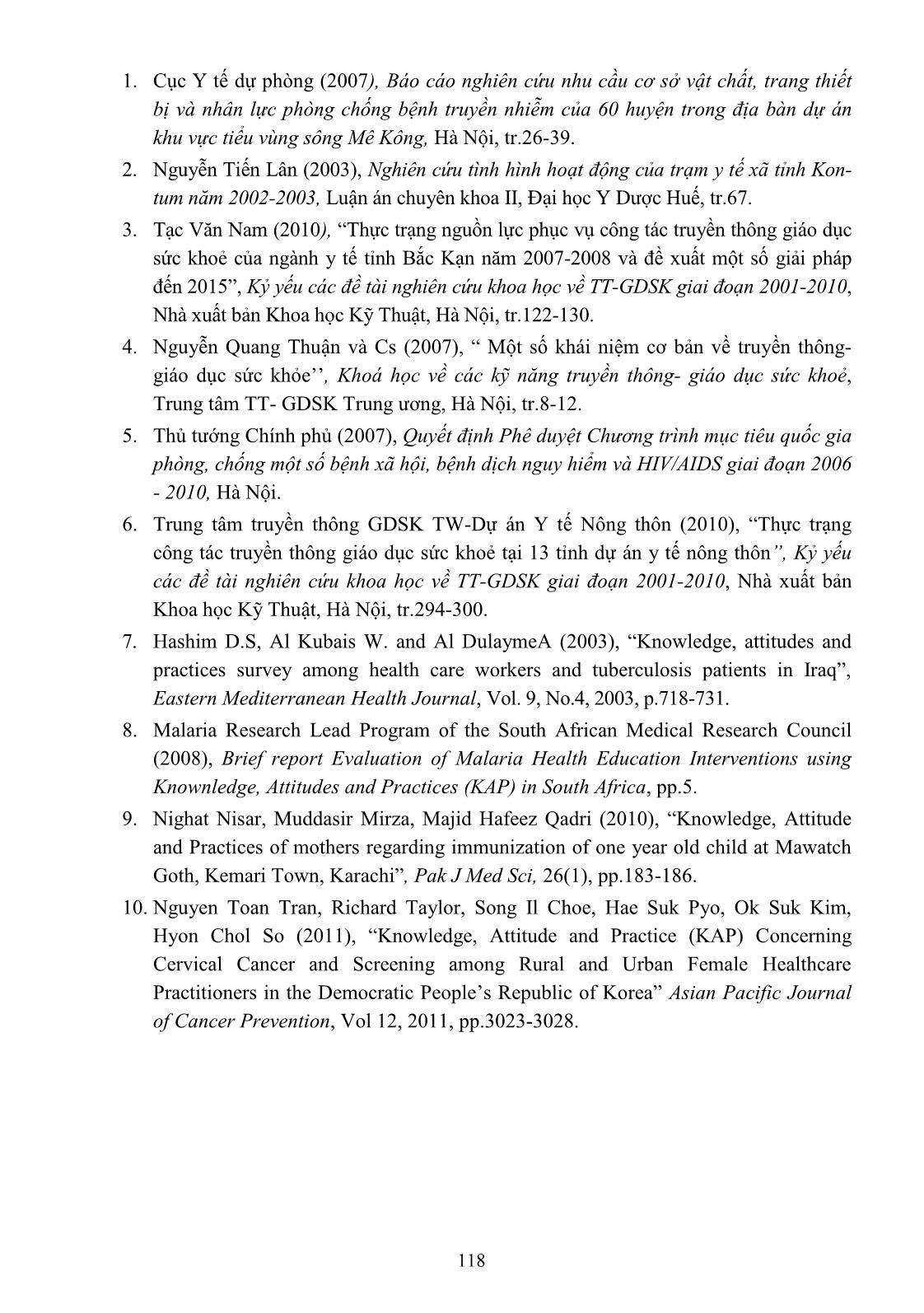 Khảo sát kiến thức, thái độ, thực hành về truyền thông giáo dục sức khoẻ của cán bộ y tế xã, phường - tỉnh Thừa Thiên Huế năm 2011 trang 10