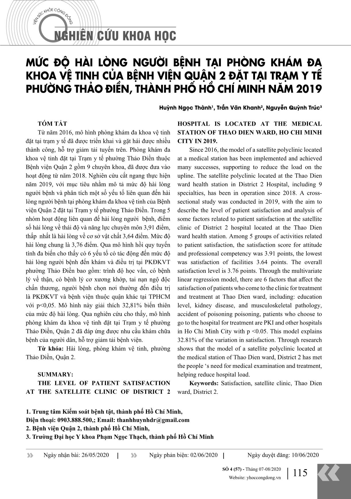 Mức độ hài lòng người bệnh tại phòng khám đa khoa vệ tinh của bệnh viện Quận 2 đặt tại Trạm y tế phường Thảo Điền, thành phố Hồ Chí Minh năm 2019 trang 1