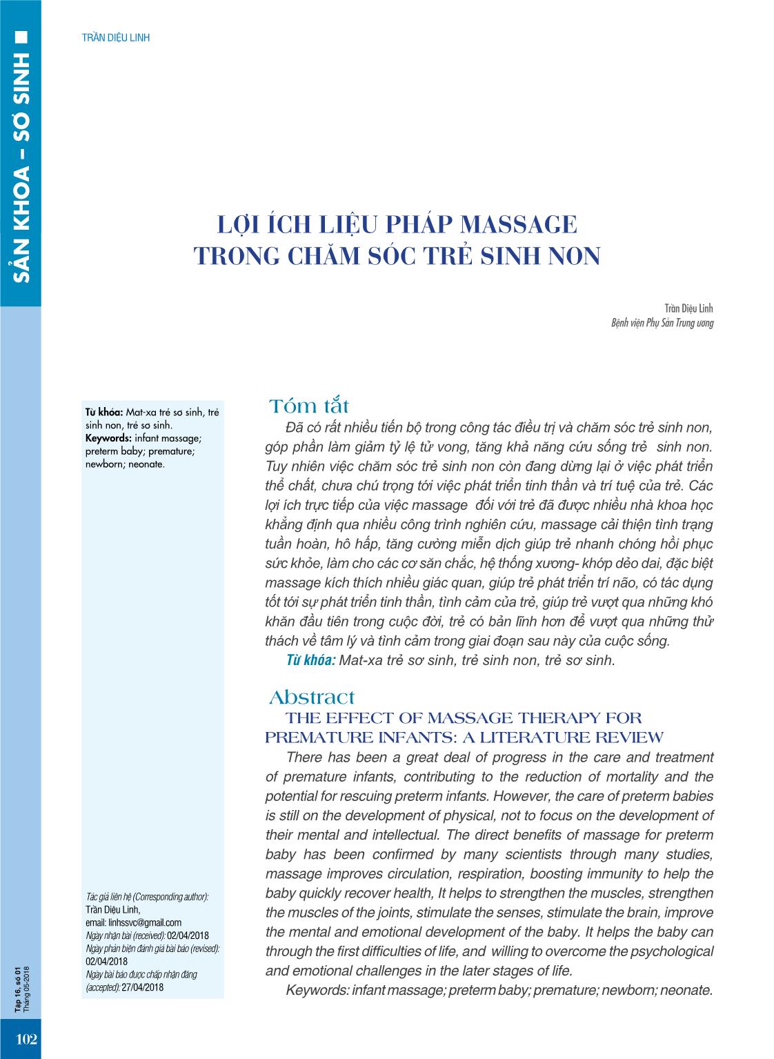 Lợi ích liệu pháp massage trong chăm sóc trẻ sinh non trang 1