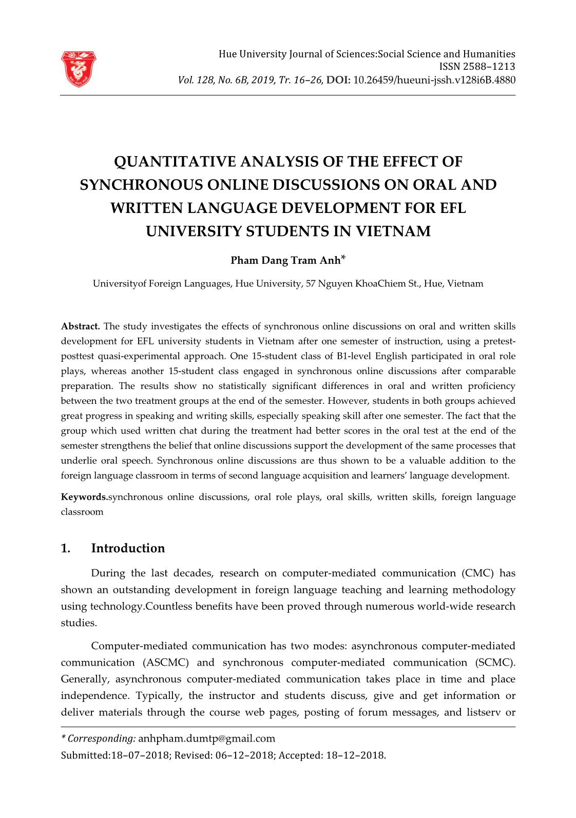 Quantitative analysis of the effect of synchronous online discussions on oral and written language development for efl university students in Vietnam trang 1