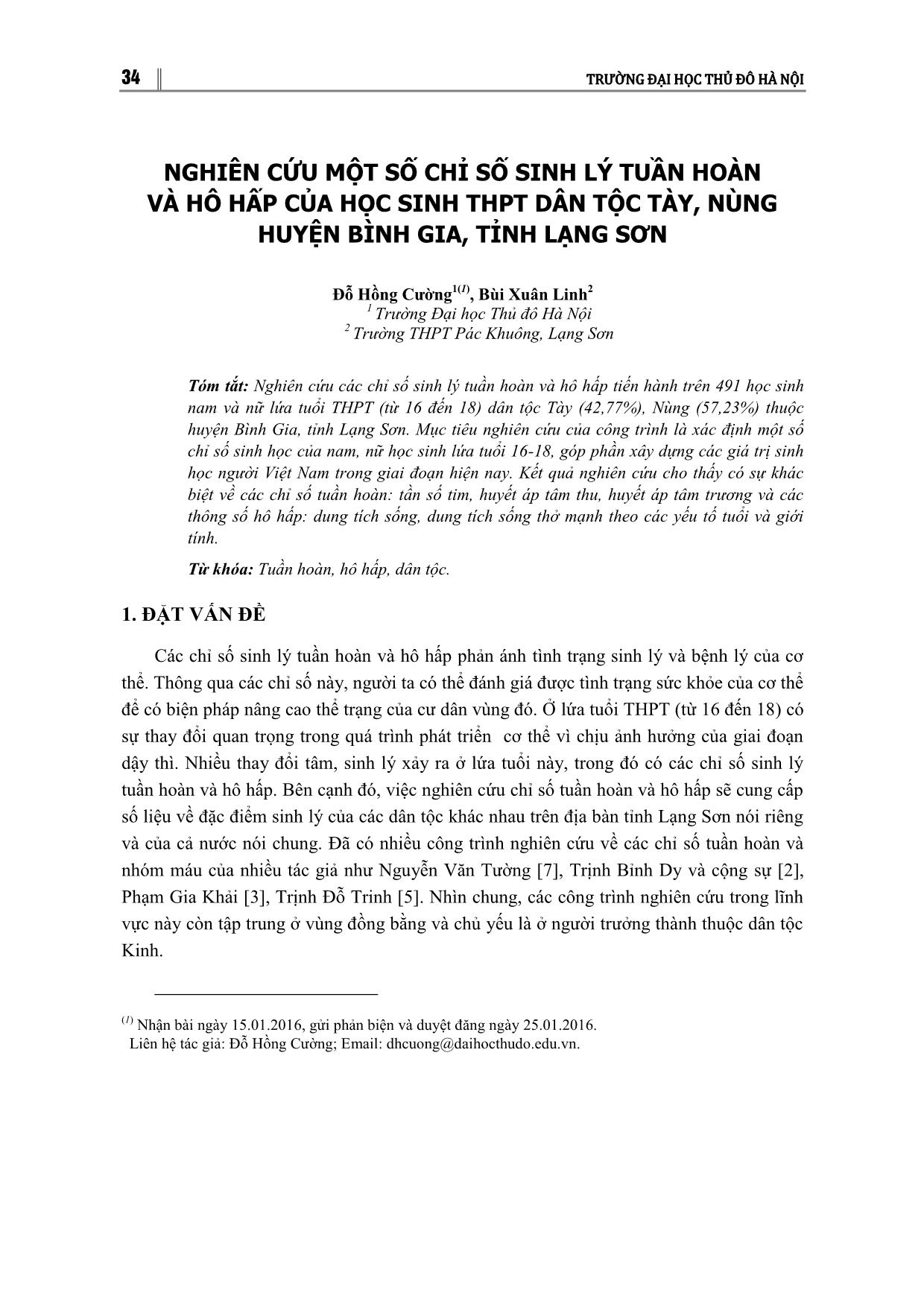 Nghiên cứu một số chỉ số sinh lý tuần hoàn và hô hấp của học sinh THPT dân tộc Tày, Nùng huyện Bình Gia, tỉnh Lạng Sơn trang 1