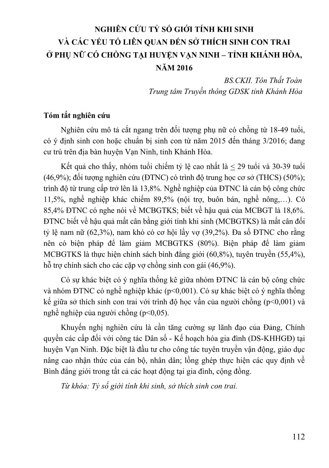 Nghiên cứu tỷ số giới tính khi sinh và các yếu tố liên quan đến sở thích sinh con trai ở phụ nữ có chồng tại huyện Vạn Ninh - tỉnh Khánh Hòa, năm 2016 trang 1