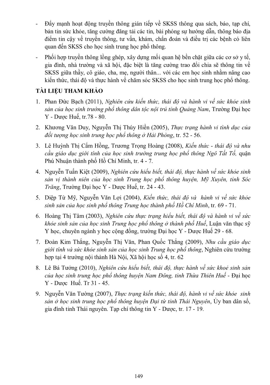 Nghiên cứu về kiến thức, thái độ, thực hành sức khỏe sinh sản vị thành niên của học sinh trung học phổ thông tại thành phố Đồng Hới, tỉnh Quảng Bình, năm 2013 trang 7