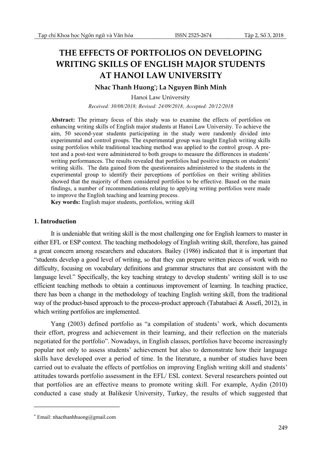 The effects of portfolios on developing writing skills of english major students at Hanoi law university trang 1
