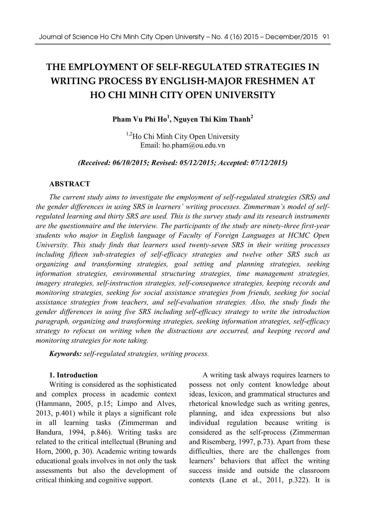 The employment of self - Regulated strategies in writing process by English - major freshmen at ho chi minh city open university trang 1