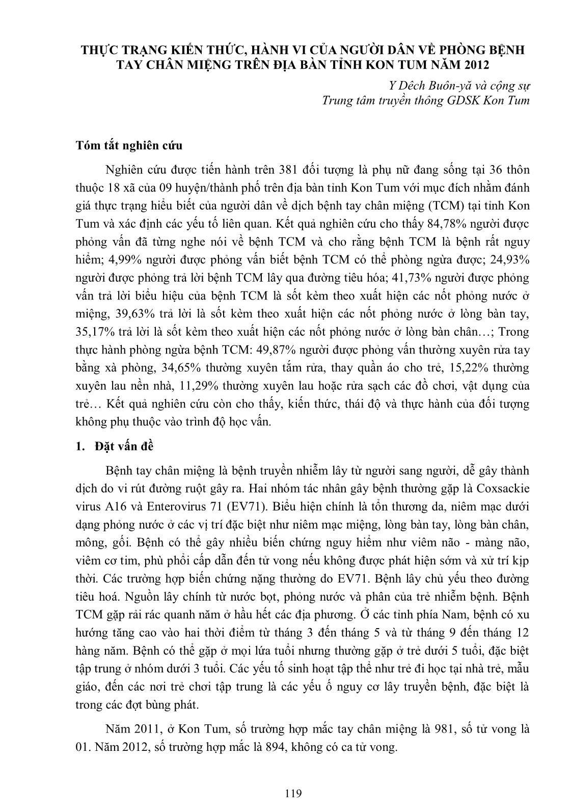 Thực trạng kiến thức, hành vi của người dân về phòng bệnh tay chân miệng trên địa bàn tỉnh Kon Tum năm 2012 trang 1