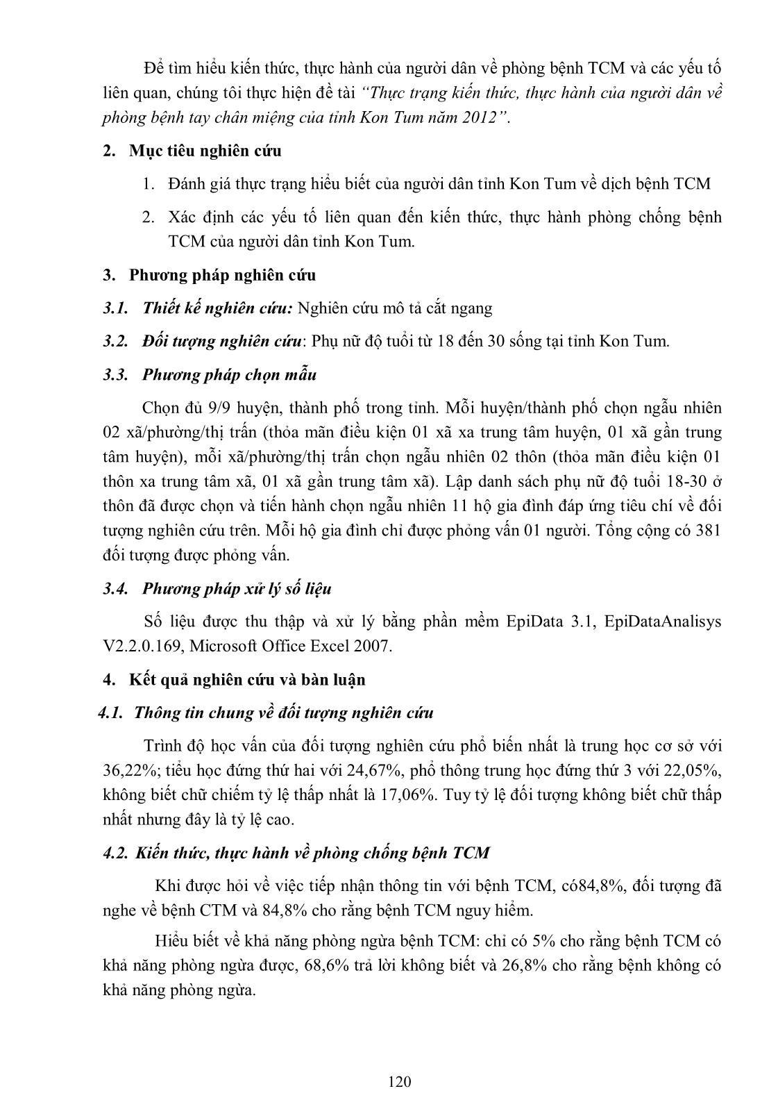 Thực trạng kiến thức, hành vi của người dân về phòng bệnh tay chân miệng trên địa bàn tỉnh Kon Tum năm 2012 trang 2