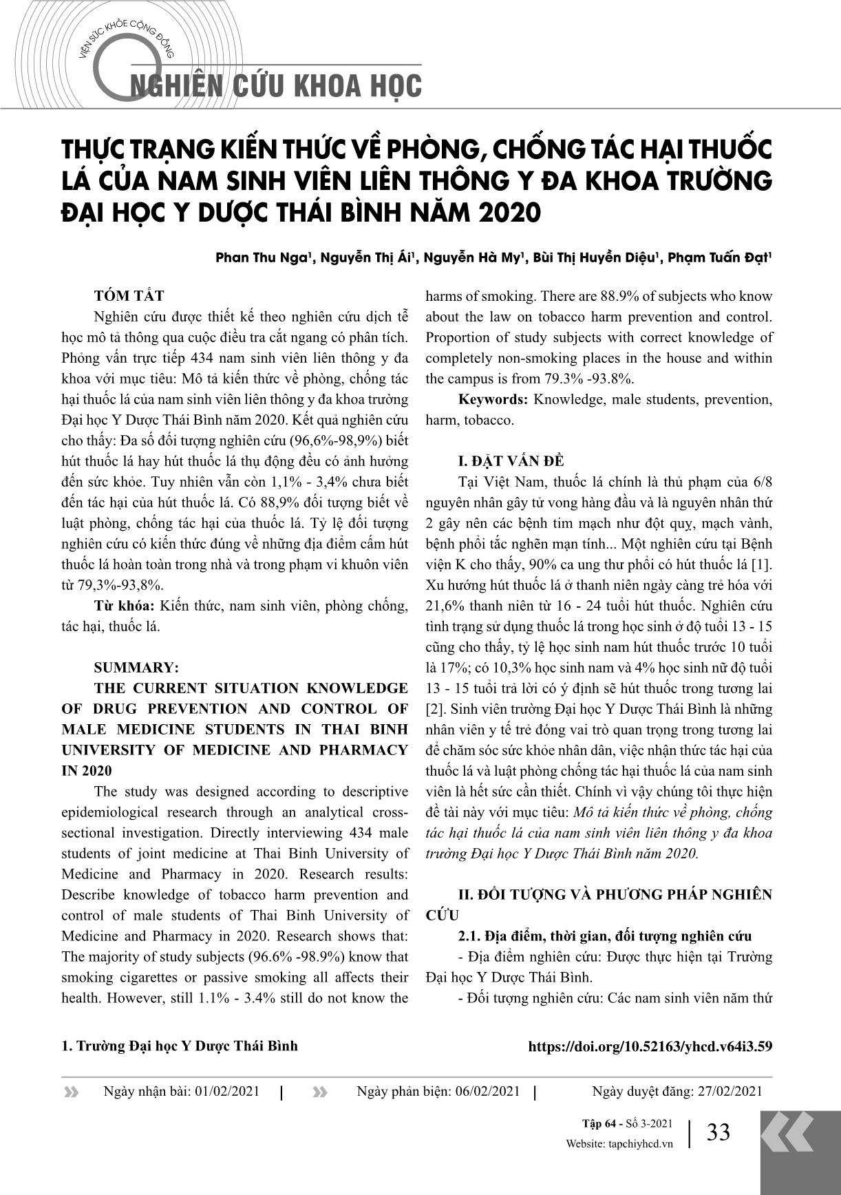 Thực trạng kiến thức về phòng, chống tác hại thuốc lá của nam sinh viên liên thông y đa khoa trường Đại học Y dược Thái Bình năm 2020 trang 1
