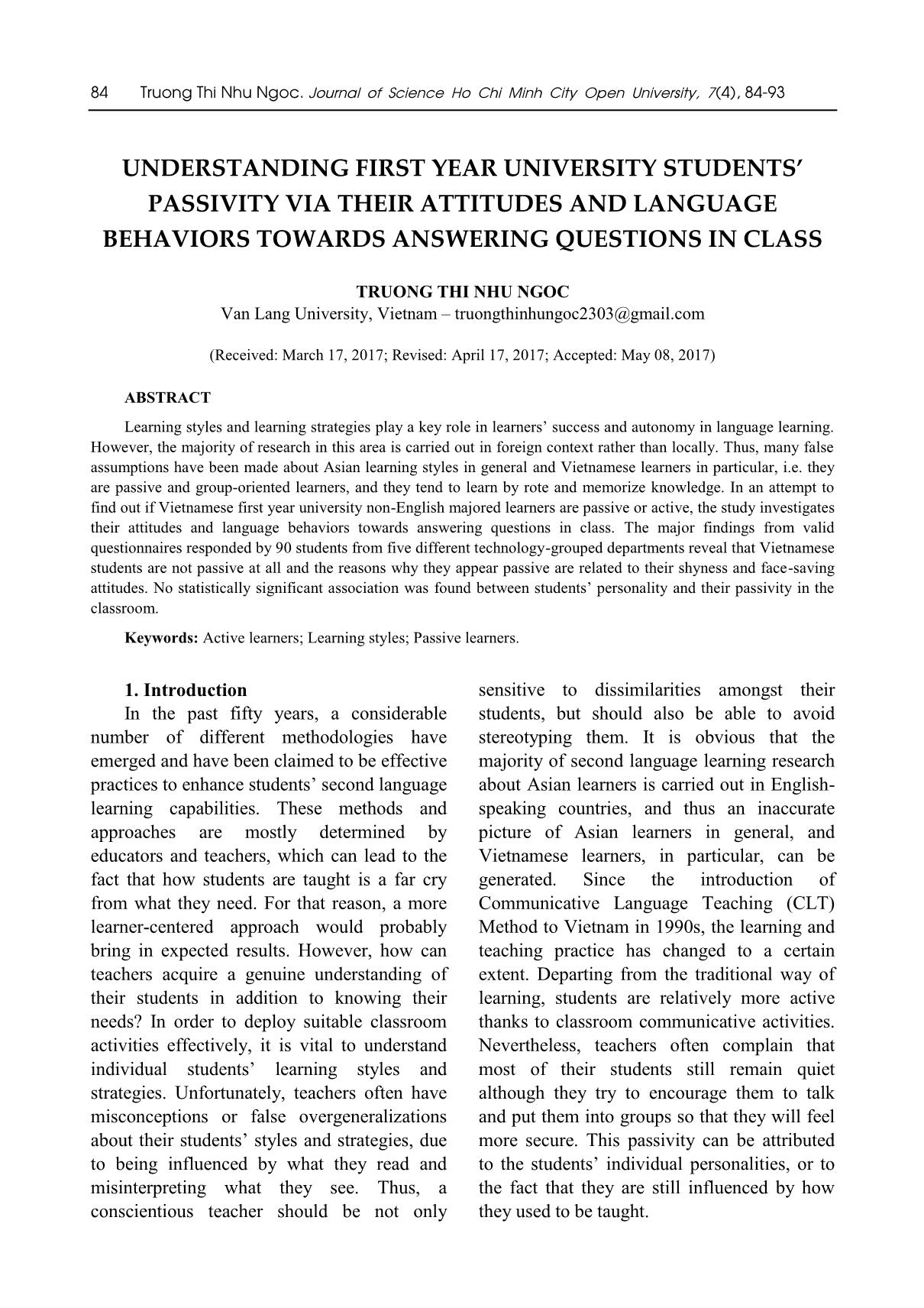 Understanding first year university students’ passivity via their attitudes and language behaviors towards answering questions in class trang 1