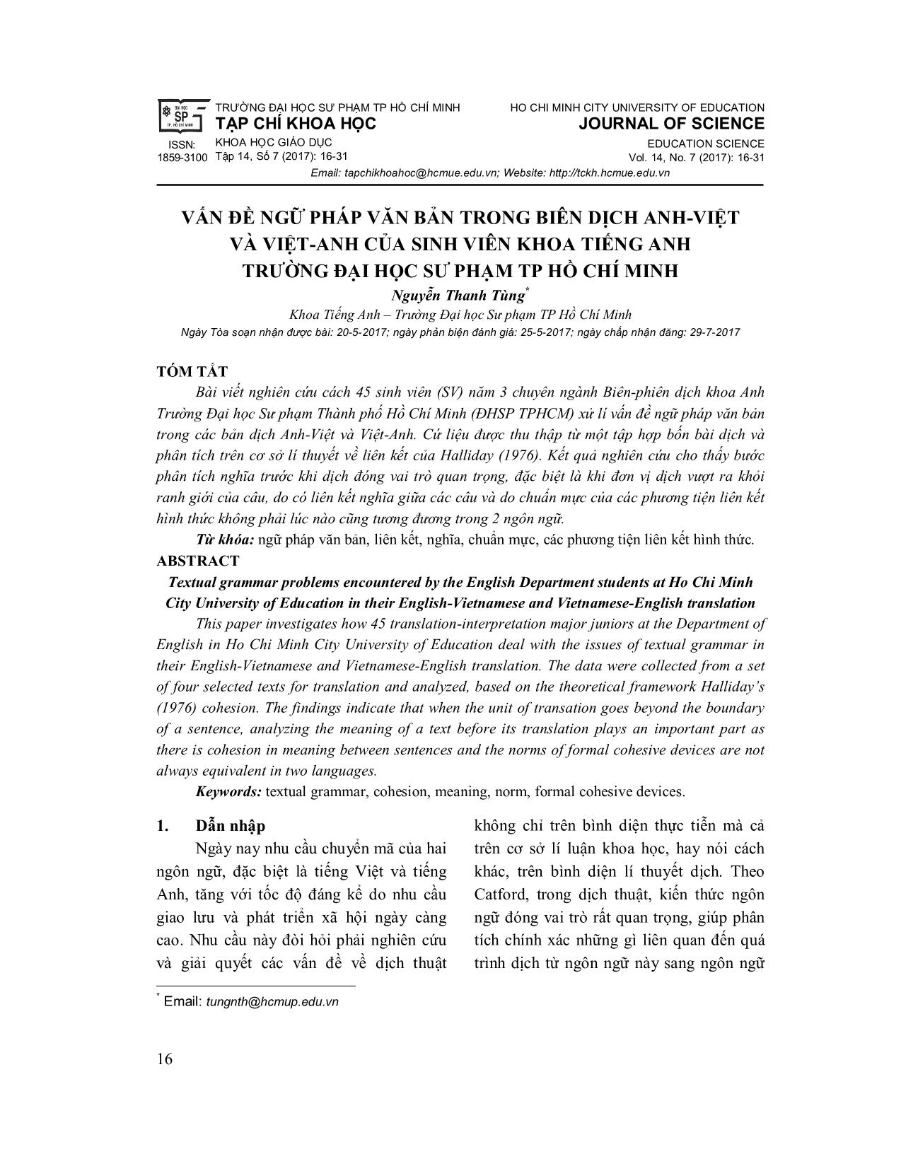 Vấn đề ngữ pháp văn bản trong biên dịch Anh - Việt và việt-anh của sinh viên khoa tiếng Anh trường đại học sư phạm Tp Hồ Chí Minh trang 1