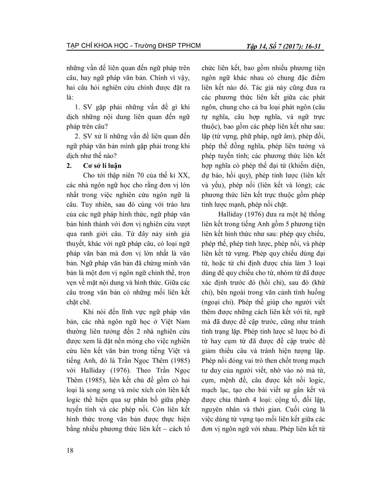 Vấn đề ngữ pháp văn bản trong biên dịch Anh - Việt và việt-anh của sinh viên khoa tiếng Anh trường đại học sư phạm Tp Hồ Chí Minh trang 3