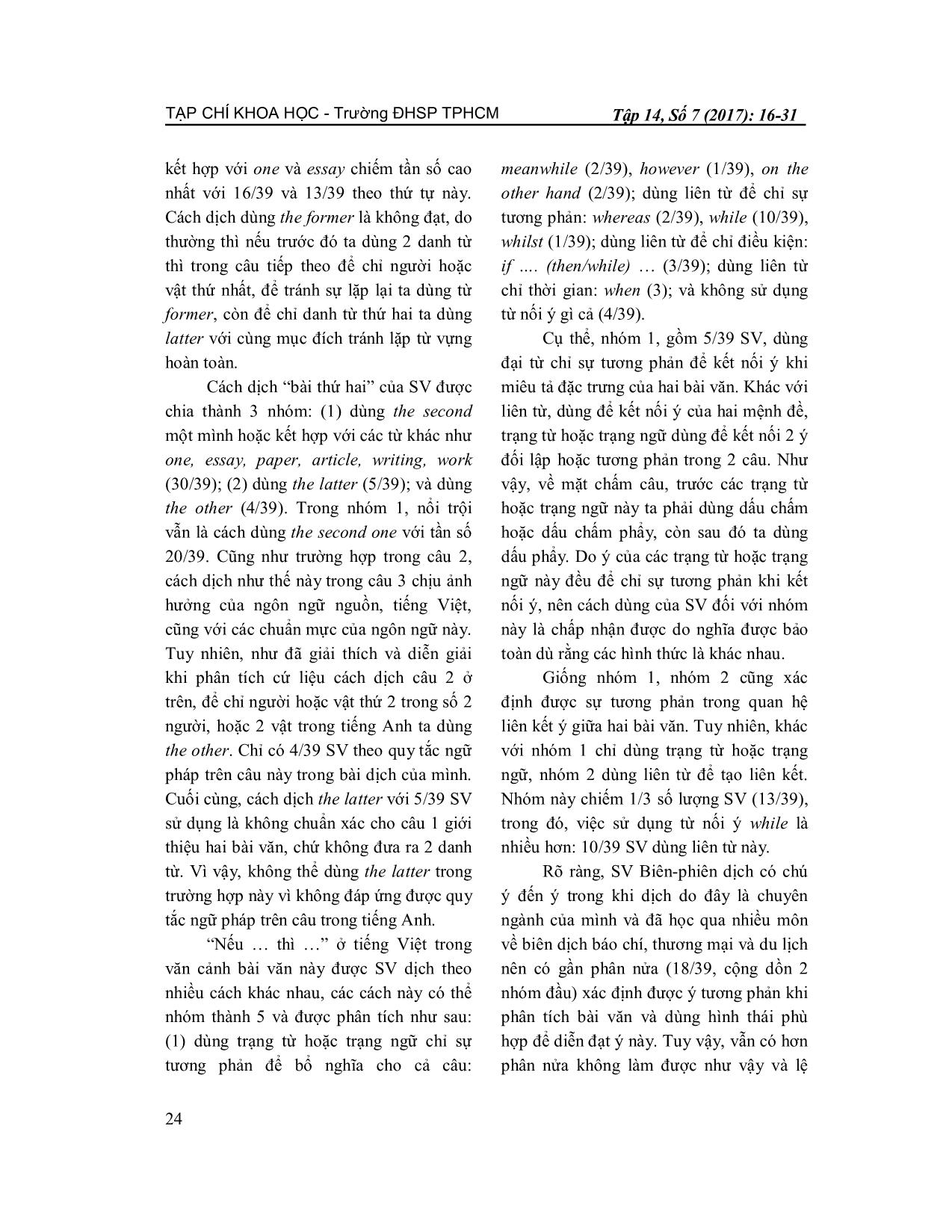Vấn đề ngữ pháp văn bản trong biên dịch Anh - Việt và việt-anh của sinh viên khoa tiếng Anh trường đại học sư phạm Tp Hồ Chí Minh trang 9