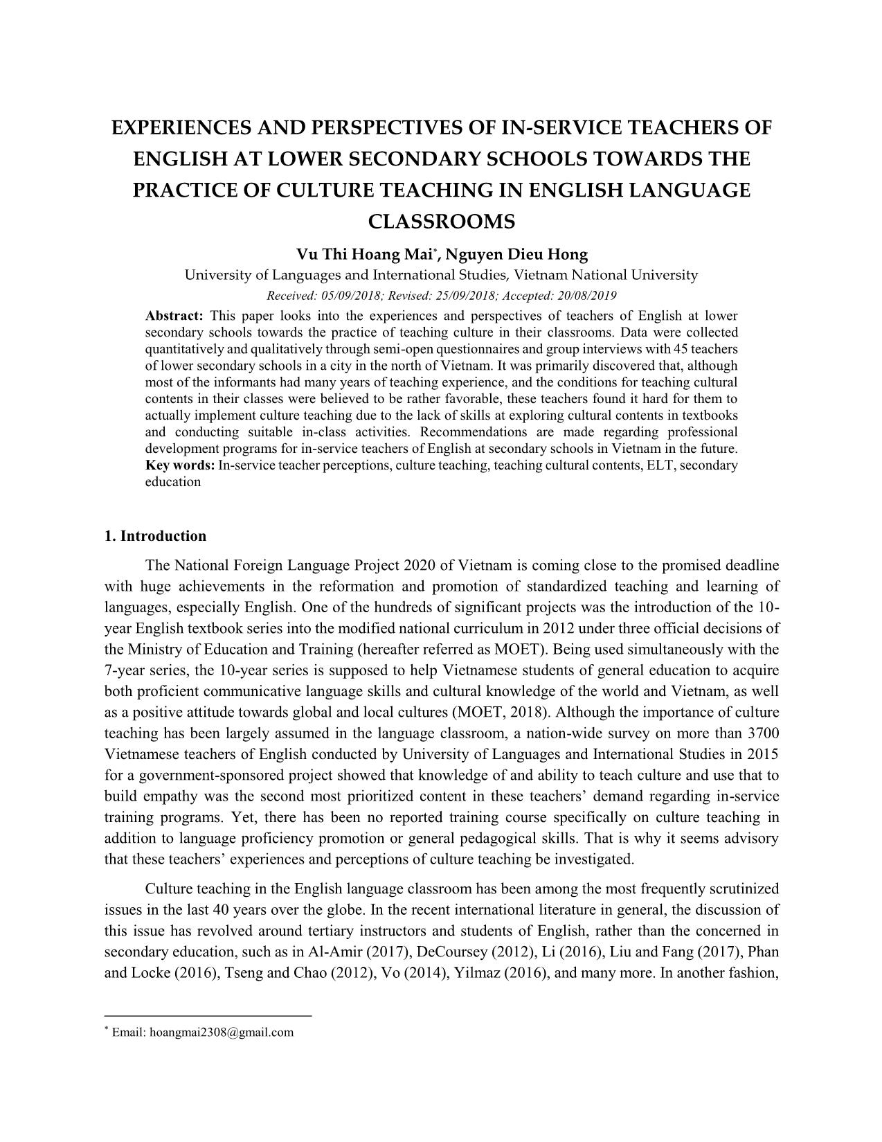 Experiences and perspectives of in-service teachers of english at lower secondary schools towards the practice of culture teaching in english language classrooms trang 1