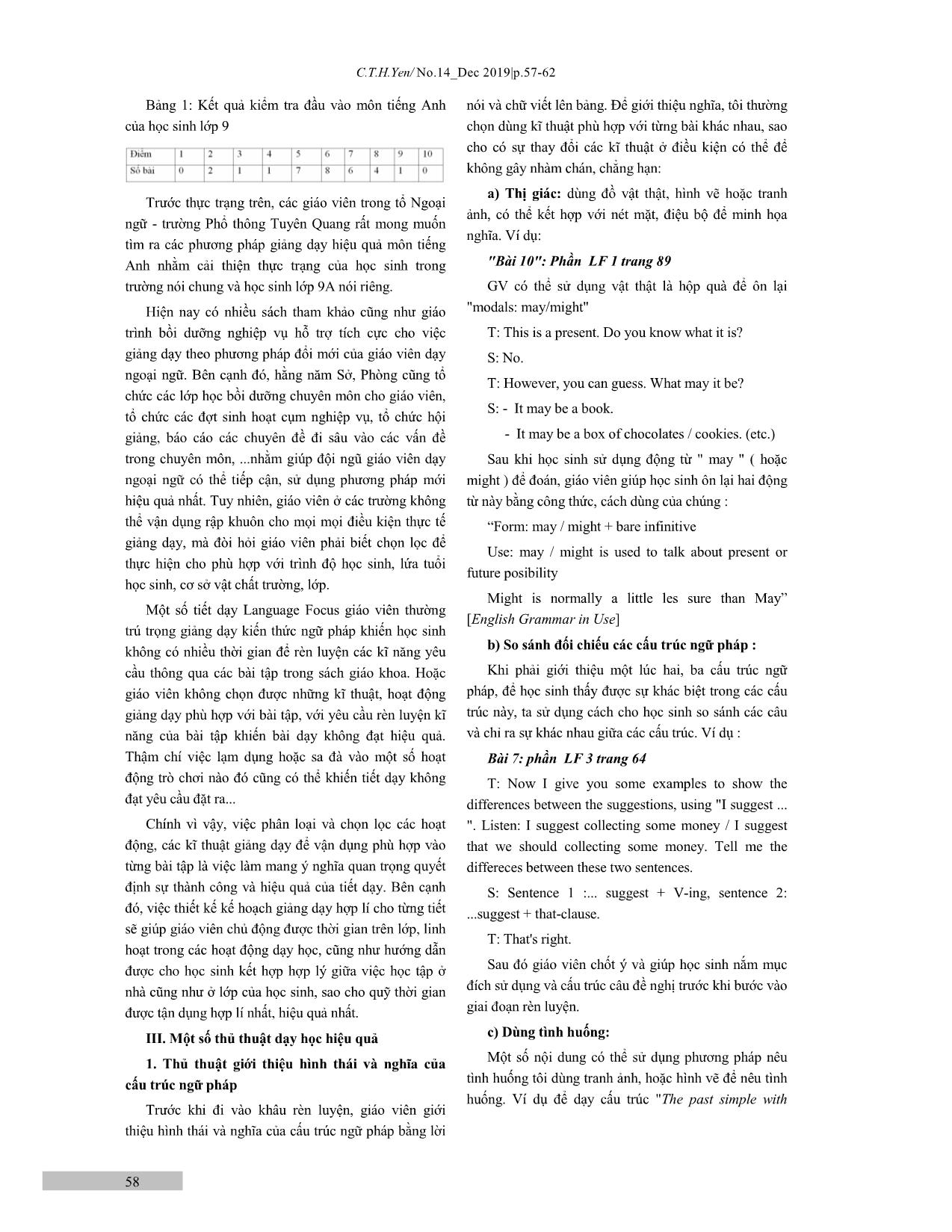 Một số thủ thuật dạy phần Language Focus trong sách Tiếng Anh lớp 9 trang 2
