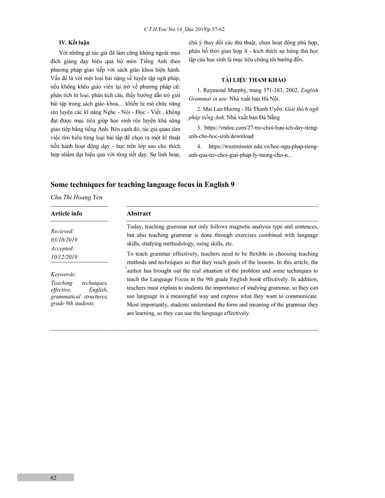 Một số thủ thuật dạy phần Language Focus trong sách Tiếng Anh lớp 9 trang 6