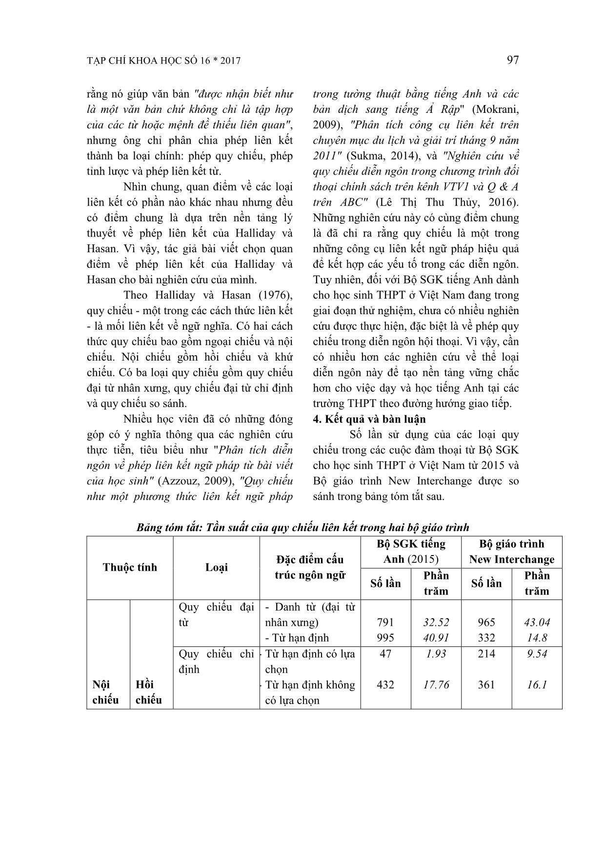 Những điểm giống và khác nhau trong cách sử dụng phép quy chiếu trong diễn ngôn hội thoại giữa bộ sách giáo khoa tiếng Anh cho học sinh THPT ở Việt Nam (2015) và bộ giáo trình New Interchange trang 3