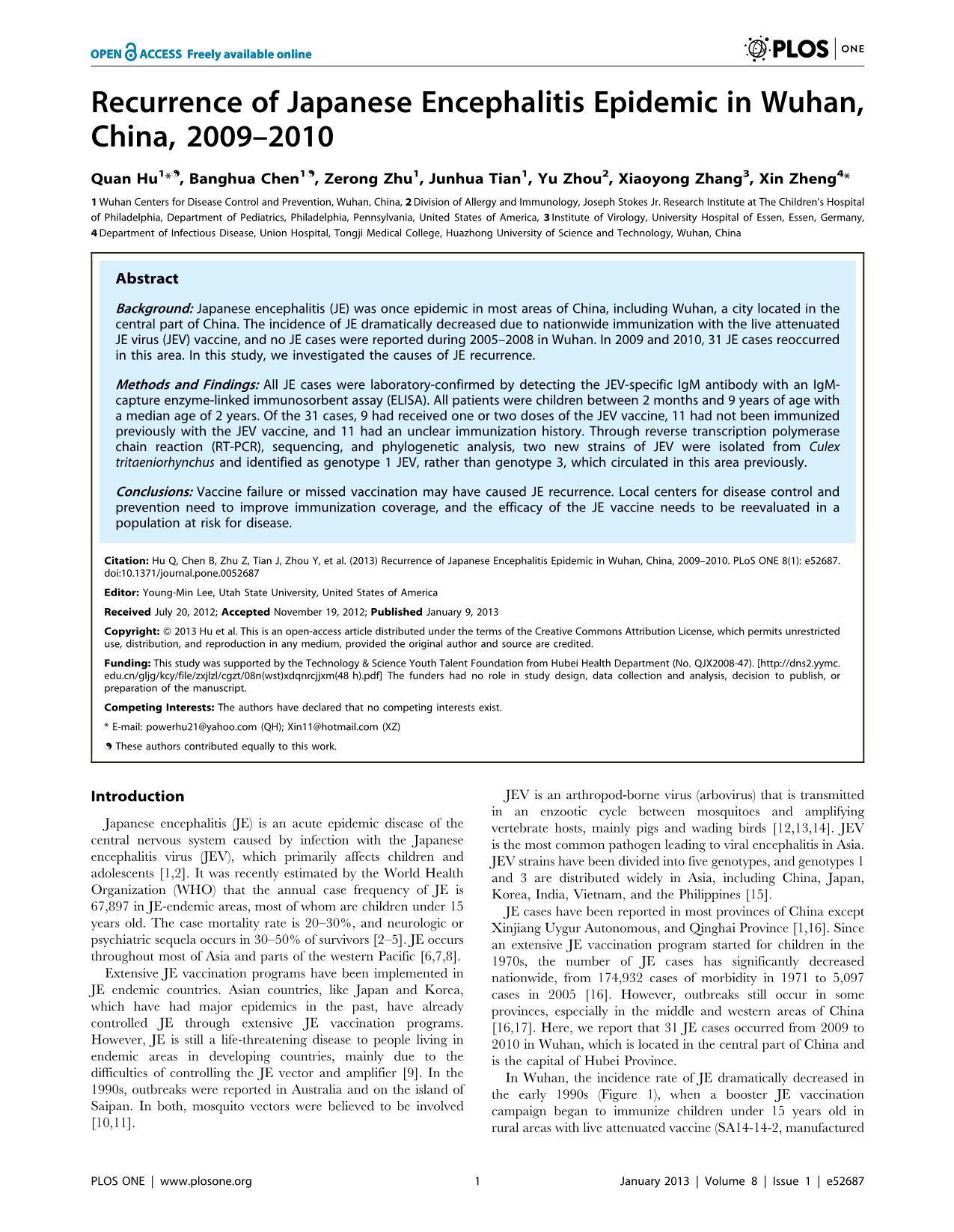 Recurrence of Japanese Encephalitis Epidemic in Wuhan, China, 2009-2010 trang 1