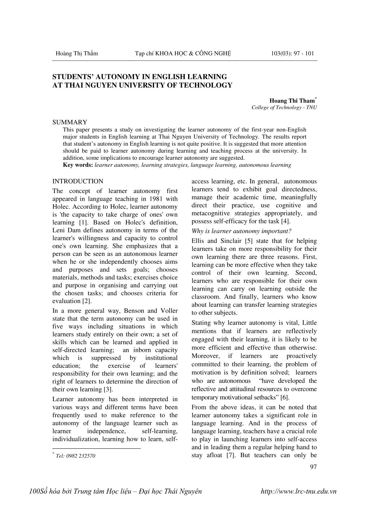 Students’ autonomy in english learning at Thai Nguyen university of technology trang 1