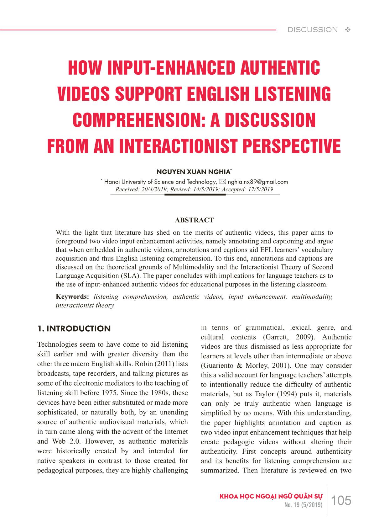 How input - Enhanced authentic videos support english listening comprehension: A discussion from an interactionist perspective trang 1