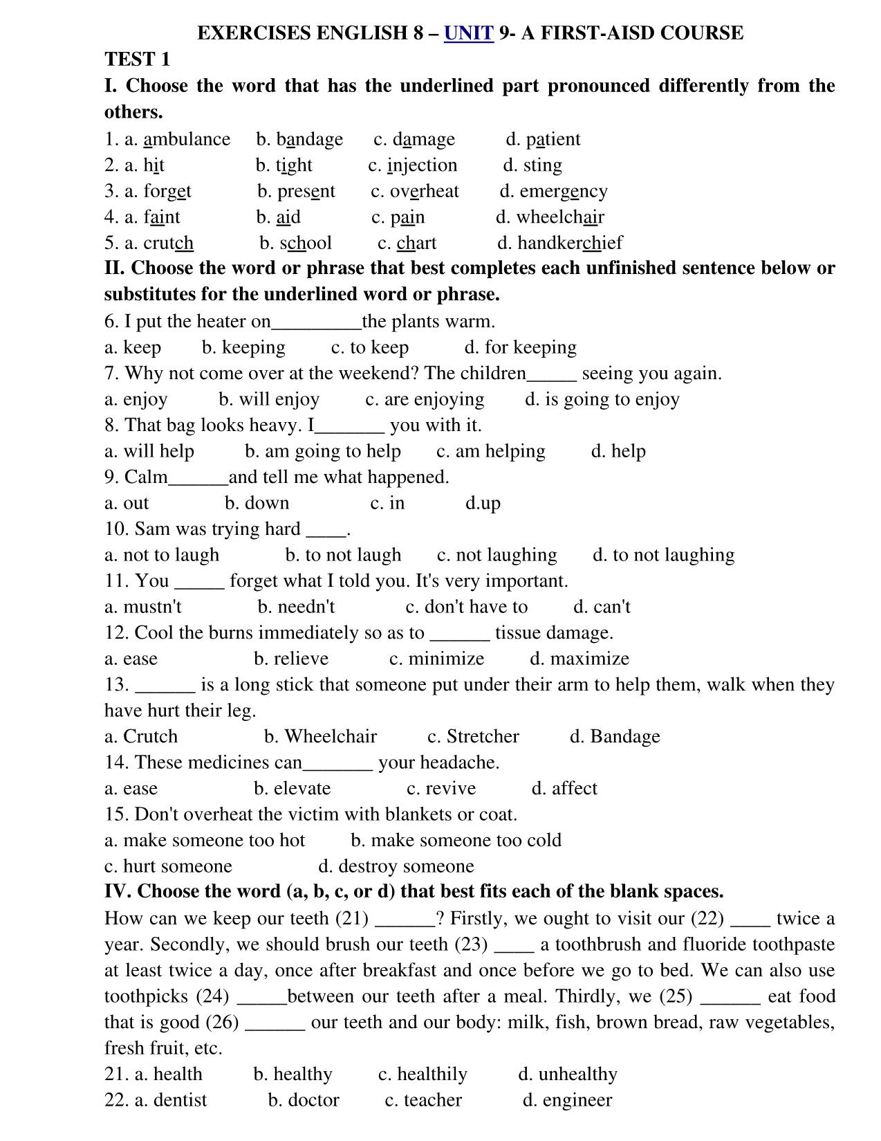 Bài tập tiếng Anh Lớp 8 - Unit 9: A first­aisd course trang 1