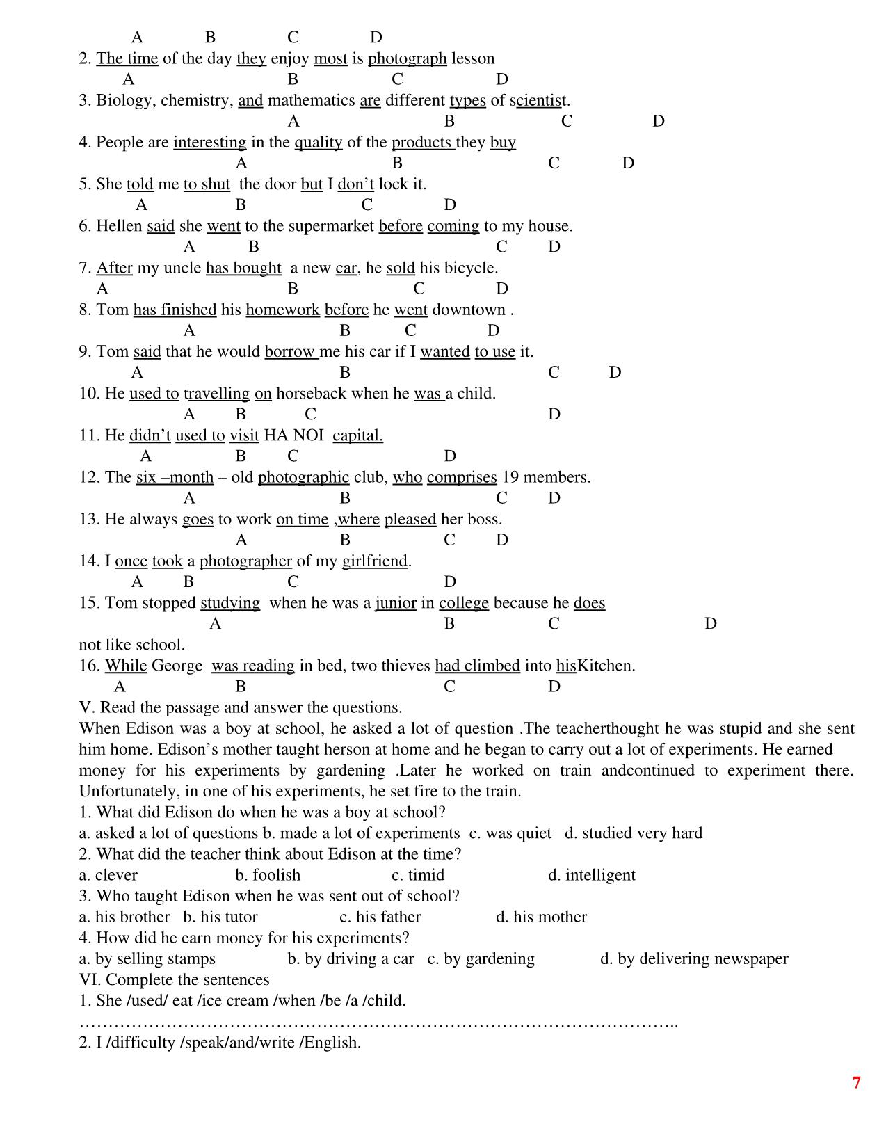 Bài tập tiếng Anh Lớp 10 -  Unit 4, 5, 6 trang 7
